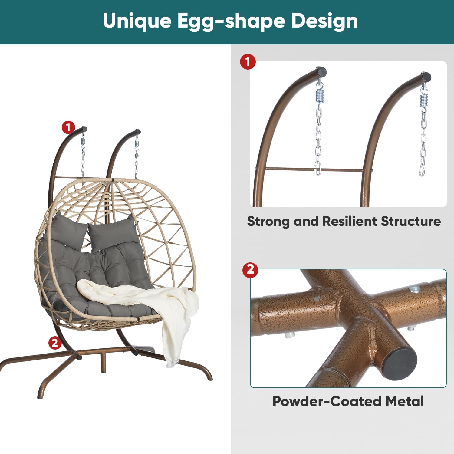 JOYBASE Double Swing Egg Chair with Stand, 2-Person Hanging Egg Chair Wicker Rattan Oversized Swinging Chair for Outdoor Indoor Garden Patio (Dark Grey Cushion and Beige Rattan)