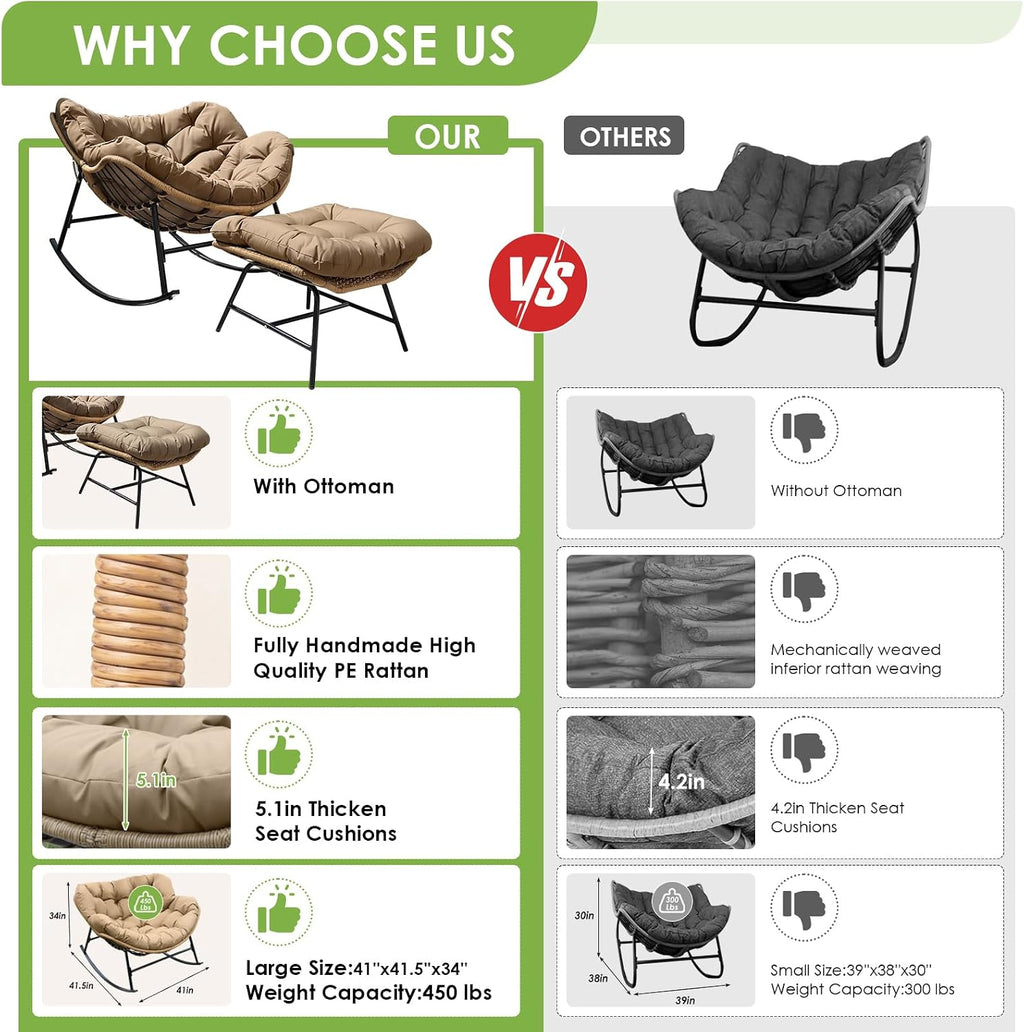 RADIATA 2 PCS Rocking Egg Chair with Ottomans & Cushion, Indoor Outdoor Oversized Lounge Chair, PE Wicker Double Papasan Rocker with Footrests, 450 lbs Weight Capacity for Patio Porch Bedroom Brown