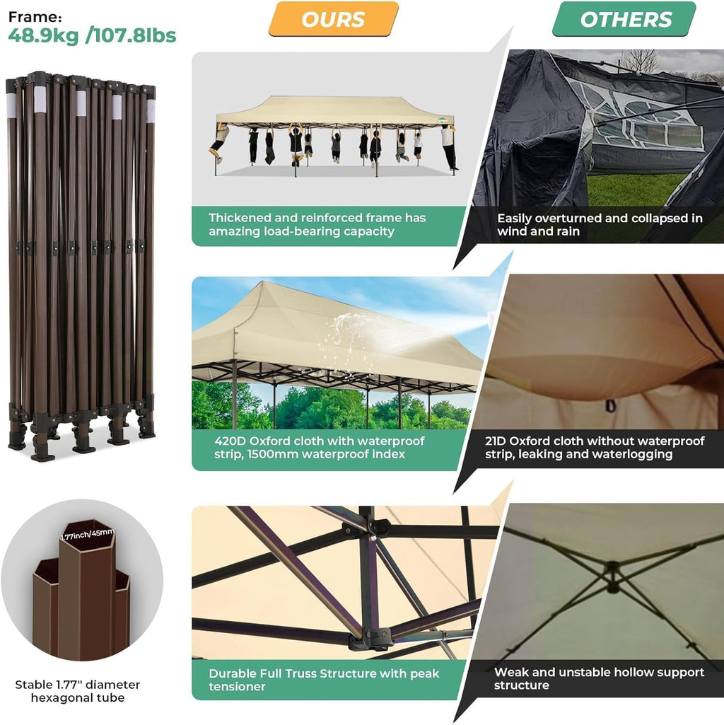 COBIZI Heavy Duty 10x30 Party Tent, Commercial 10x30 pop up Canopy for Parties Waterproof Gazebos with 8 Sidewalls, All Season Wind & Waterproof UPF50+,Stable Thickened Frame, Khaki