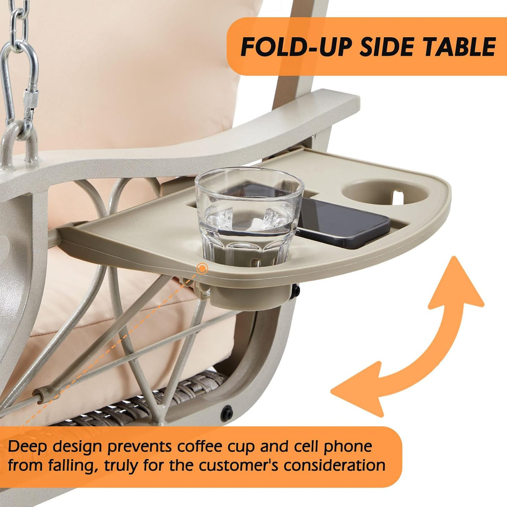 ZZW 3-Person Wicker Porch Swing Chair Heavy Duty 900 LBS Outdoor Rattan Patio Swing Chair w/Cup-Holder & Steel Chains Hanging Bench Porch Swing Cushions for Deck & Backyard & Garden