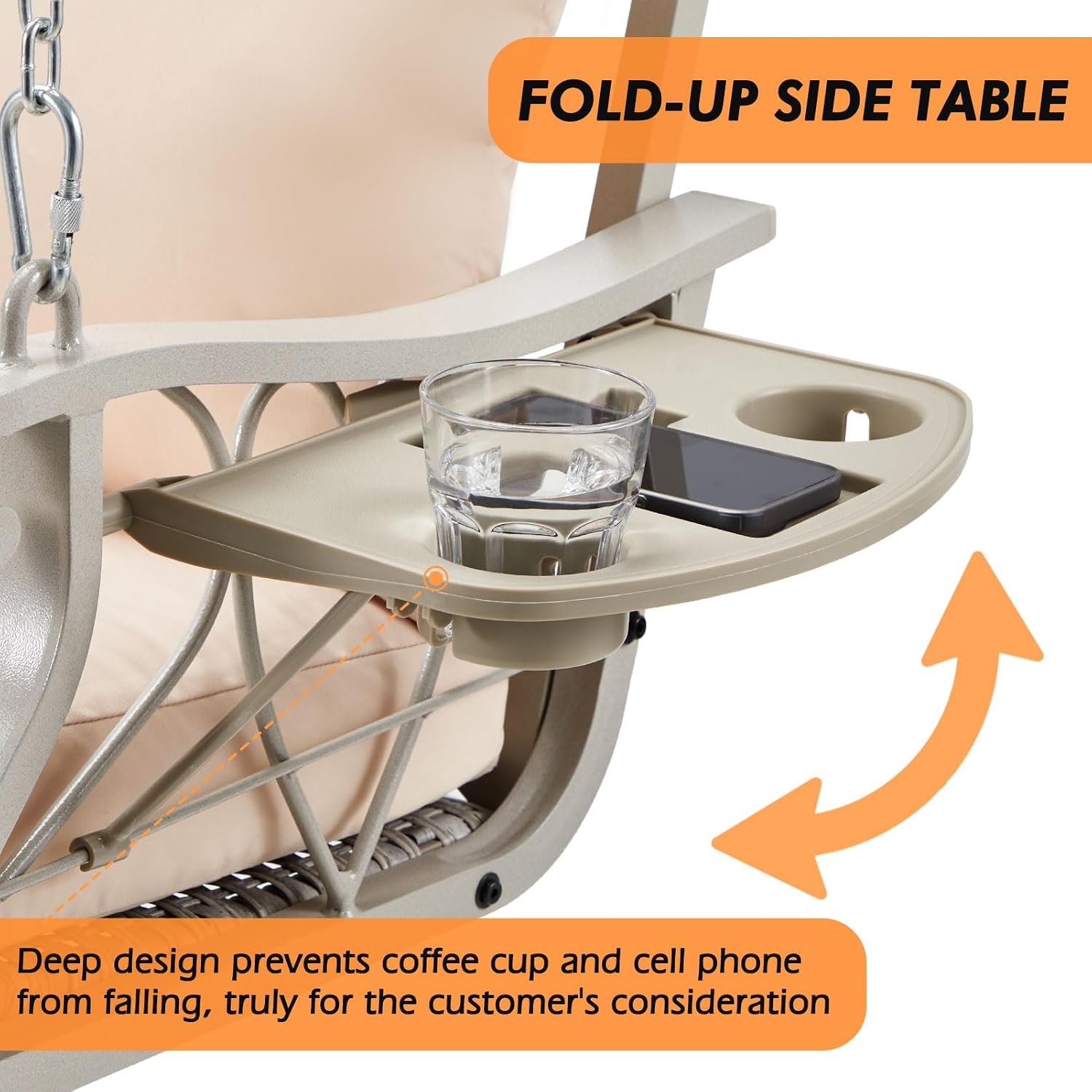 ZZW 3-Person Wicker Porch Swing Chair Heavy Duty 900 LBS Outdoor Rattan Patio Swing Chair w/Cup-Holder & Steel Chains Hanging Bench Porch Swing Cushions for Deck & Backyard & Garden