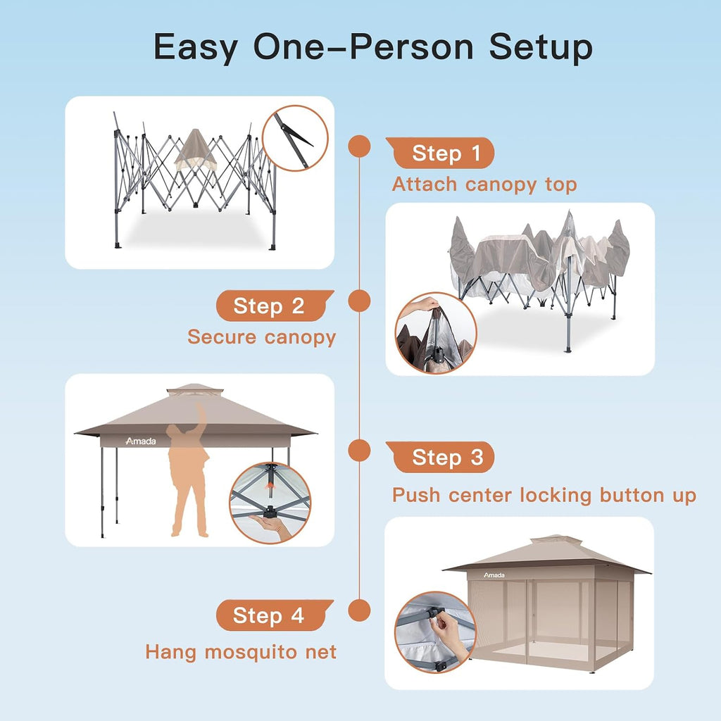 Amada 13x13 Pop Up Gazebo for Backyard & Patio Furniture,Gazebos on Clearance with Wheeled STO-N-Go Cover Bag,Carpa Pop Up Tent Party Tent and Shelter with Mosquito Netting for Lawn,Garden,Deck,Khaki