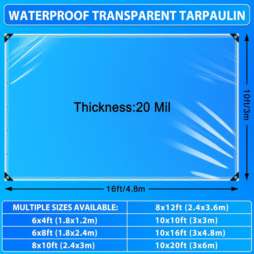 20Mil Clear tarps with Grommets, 10'x16' PVC Plastic Transparent Tarpaulin with Reinforced Edge for Home Garden, Camping, Chicken Coops Cover, Outdoor Clear Vinyl Tarps Heavy Duty Waterproof