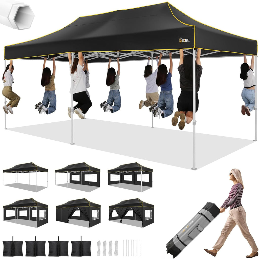 HOTEEL 10x20 Heavy Duty Pop up Canopy Tent with 6 Sidewalls, Easy Setup Outdoor Commercial Instant Tent for Parties Wedding Event, with Roller Bag & Sand Bags, Black(Hexagonal Frame)