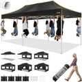 HOTEEL 10x20 Heavy Duty Pop up Canopy Tent with 6 Sidewalls, Easy Setup Outdoor Commercial Instant Tent for Parties Wedding Event, with Roller Bag & Sand Bags, Black(Hexagonal Frame)
