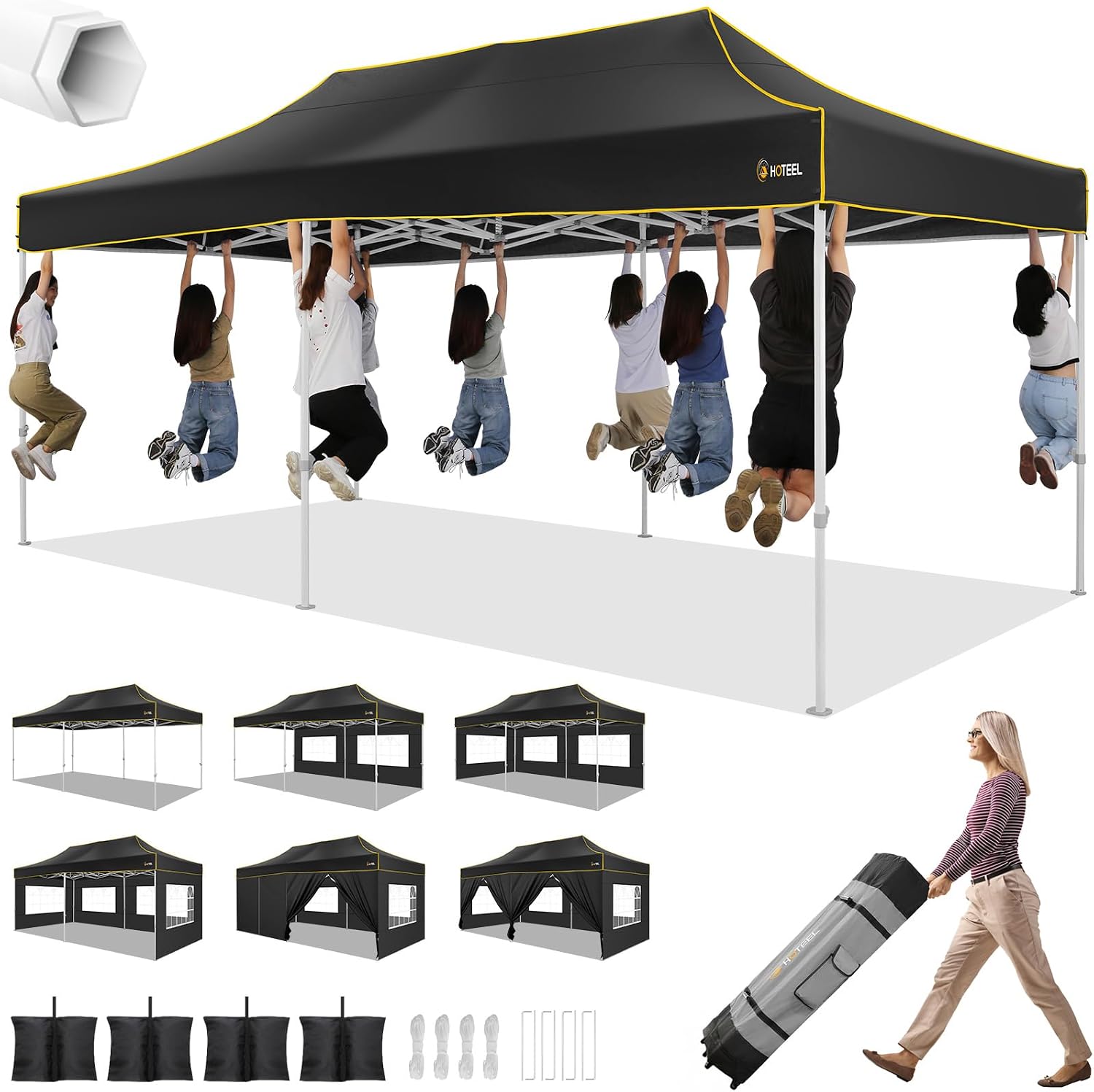 HOTEEL 10x20 Heavy Duty Pop up Canopy Tent with 6 Sidewalls, Easy Setup Outdoor Commercial Instant Tent for Parties Wedding Event, with Roller Bag & Sand Bags, Black(Hexagonal Frame)