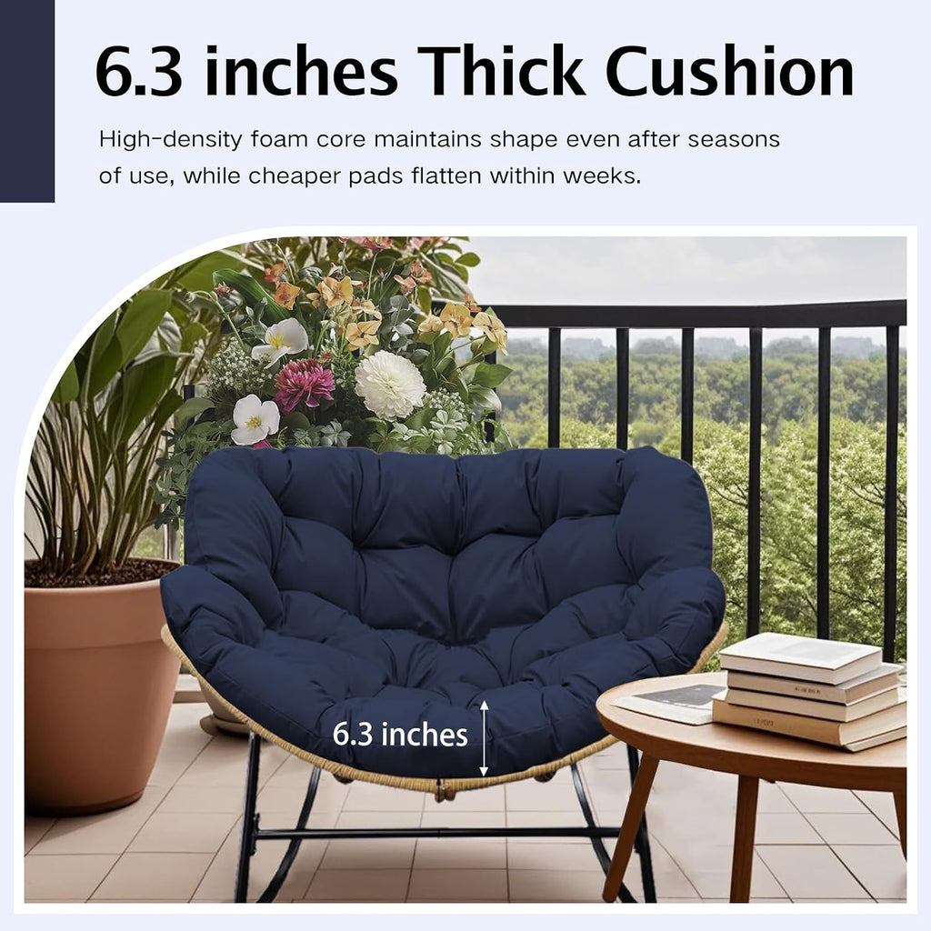 Thickened Waterproof Papasan Rocking Chair Cushion – 6.3'' Patio Egg Chair Pad with Ties, Outdoor/Indoor Rattan Hammock Chair Cushion for Porch, Garden, Balcony (Only Cushion) (Navy Blue)