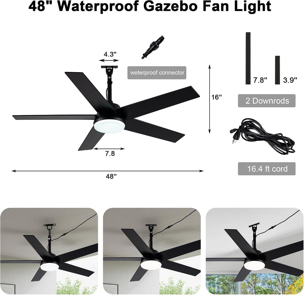 48' Waterproof Outdoor Ceiling Fan with Light IP65 Wet Rated Gazebo Fan Outdoor Hanging Plug in Ceiling Fan for Patios Porch Indoor Outdoor, APP Remote Control 3CCT LED Reversible 6 Speeds