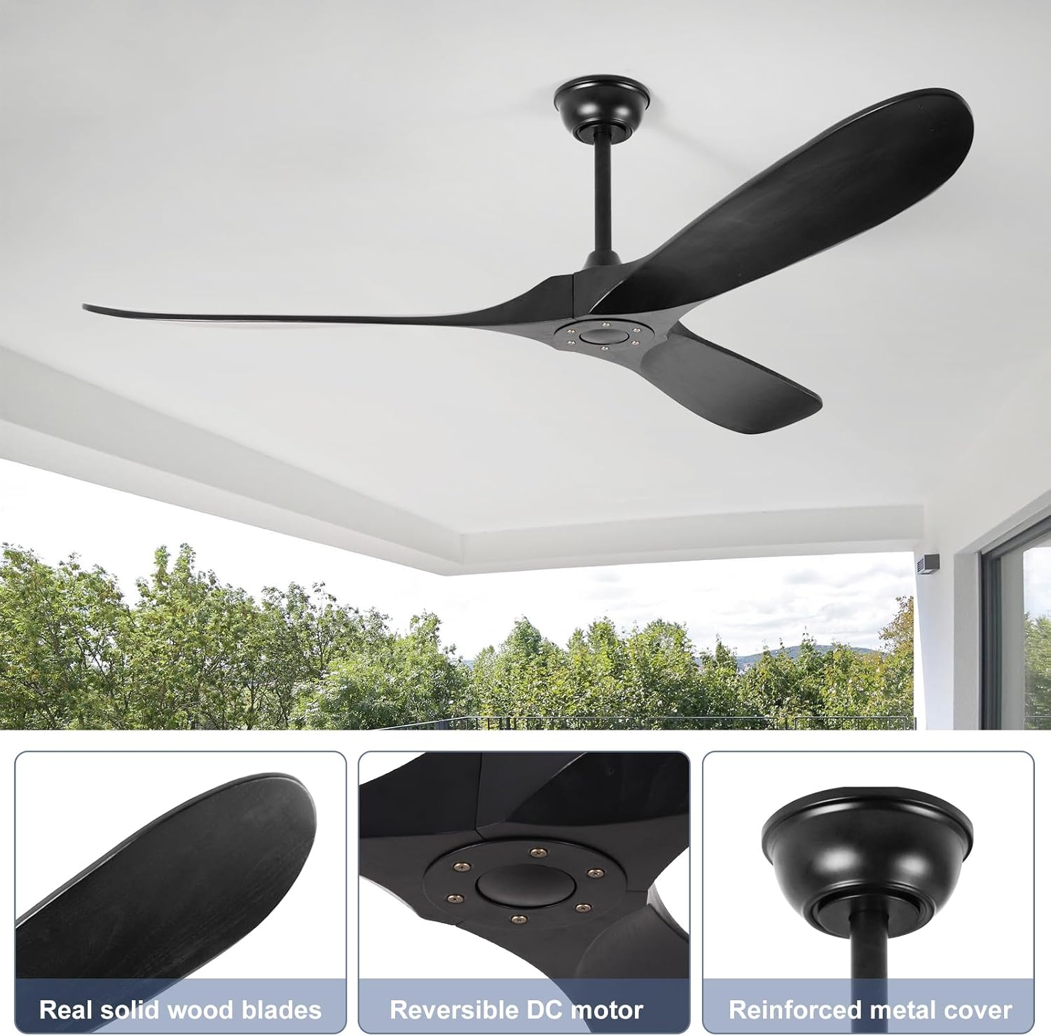 52'' Solid Wood Ceiling Fan without Light,Modern Black Ceiling Fans with Remote Control,Quiet and Reversible DC Motor,Outdoor Ceiling Fan for Garage,Porch,Living Room,Bedroom