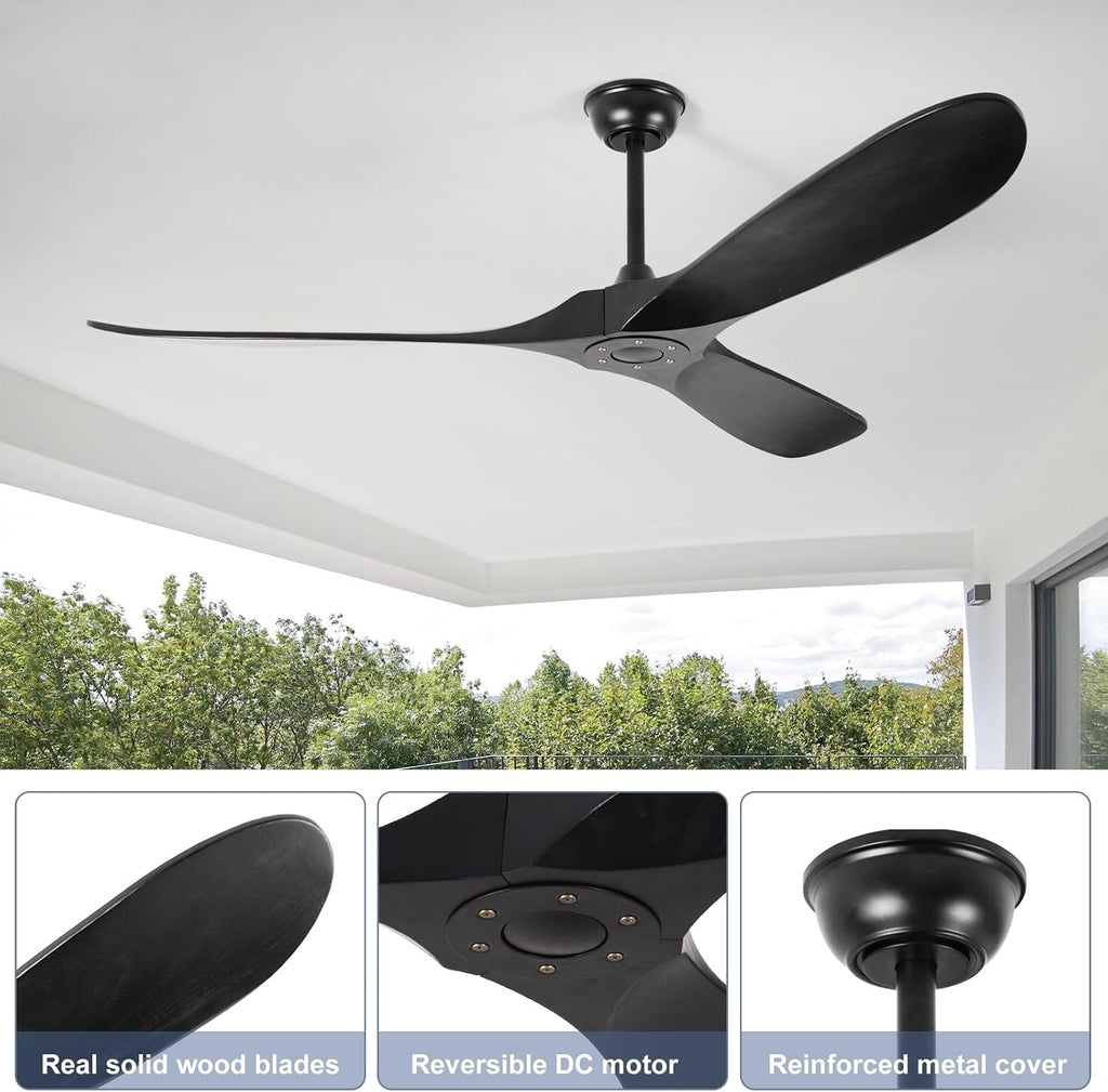 60'' Solid Wood Ceiling Fans without Light,Black Ceiling Fan with Quiet and Large Airflow DC Motor,Outdoor Ceiling Fan for Patio,Garage,Bedroom