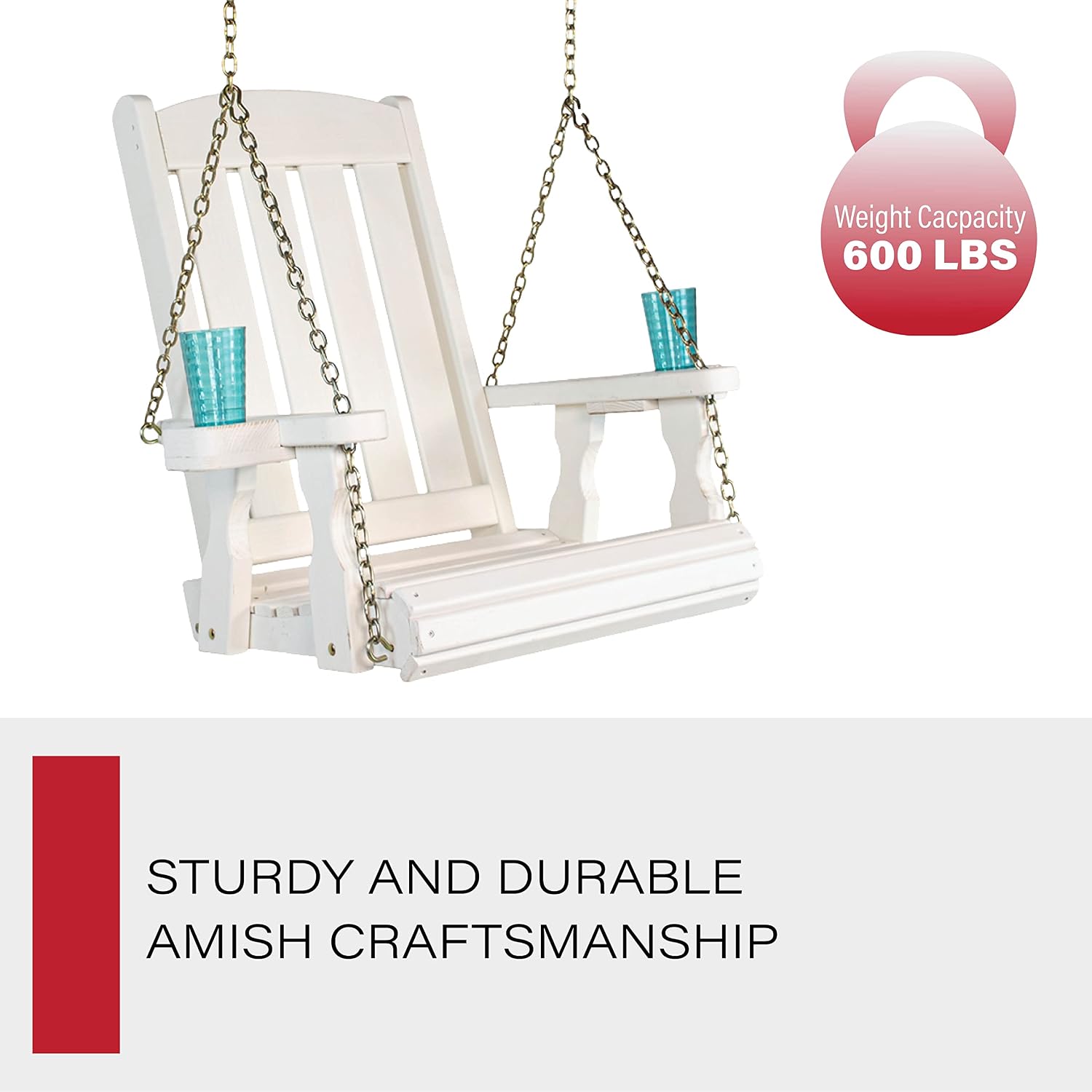 Amish Casual Heavy Duty Mission Pressure Treated Swing Chair with Cupholders (Semi-Solid White Stain)