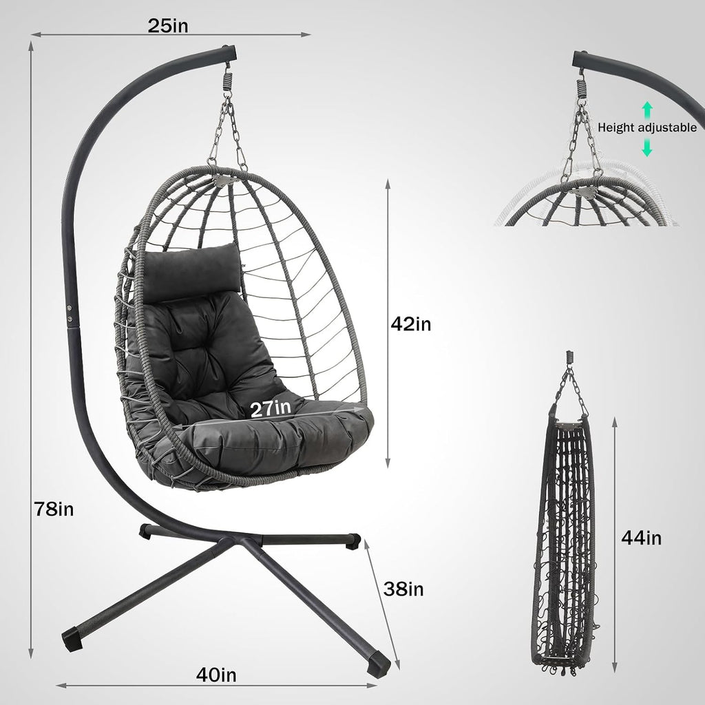 Hanging Egg Chair with Stand, Outdoor Indoor Rattan Wicker Swing Chair, Foldable Patio Hammock with Cushion, Dark Grey, 350 LBS Capacity (Dark Grey)
