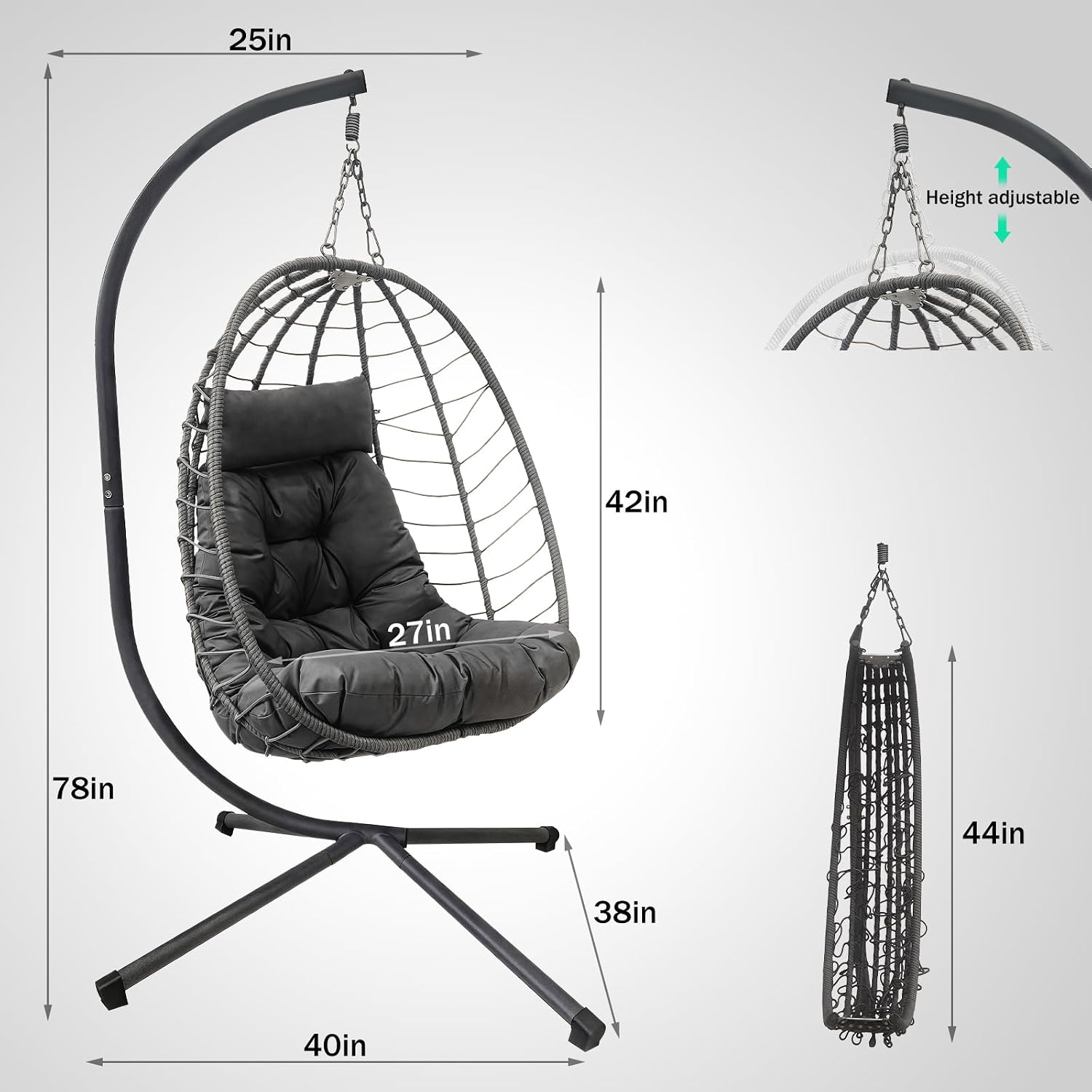 Hanging Egg Chair with Stand, Outdoor Indoor Rattan Wicker Swing Chair, Foldable Patio Hammock with Cushion, Dark Grey, 350 LBS Capacity (Dark Grey)
