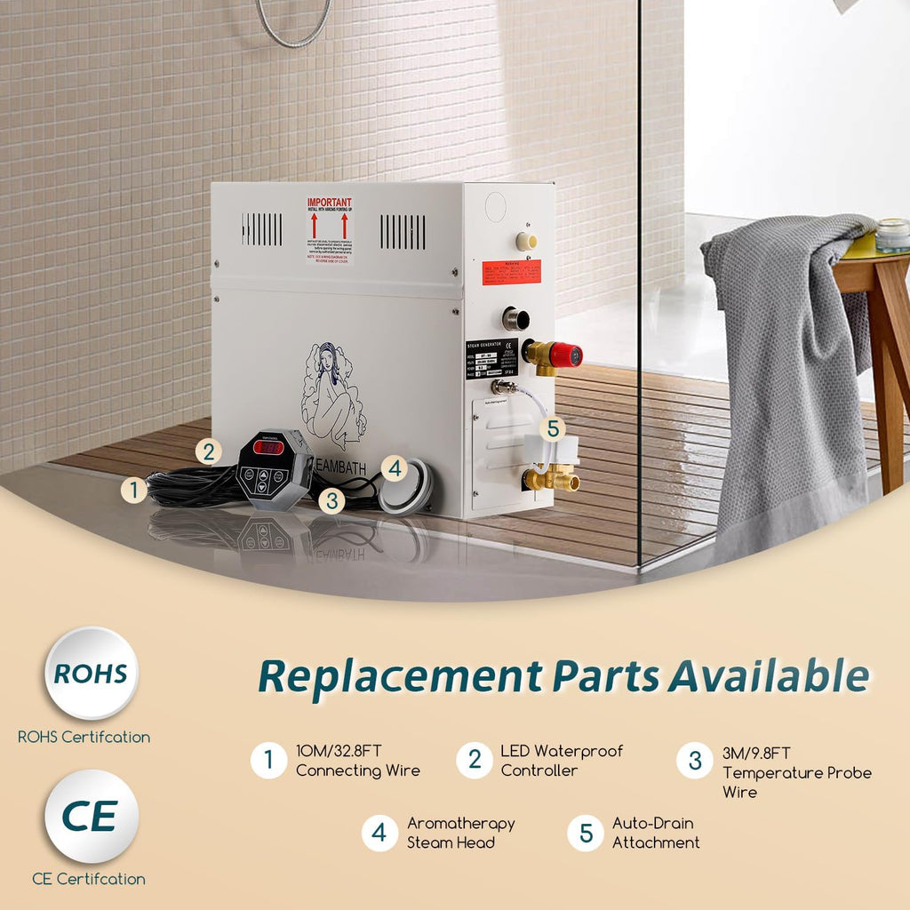 Steam Shower Generator Kit 6KW for Bath Sauna SPA, Aromatherapy Steam Head, Self-draining System, LED Waterproof Controller 77-131℉For Home Commercial Use 220V