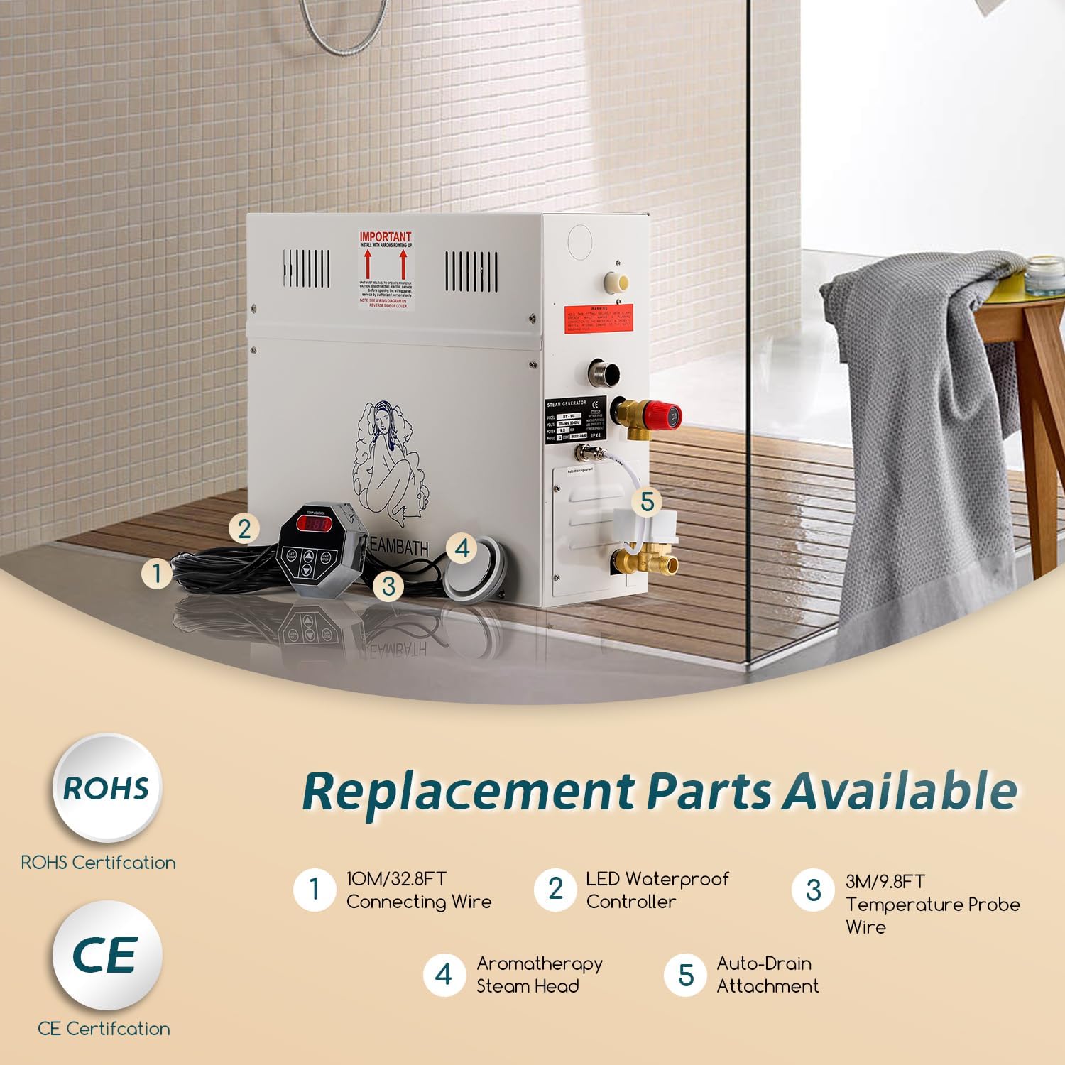 Steam Shower Generator Kit 6KW for Bath Sauna SPA, Aromatherapy Steam Head, Self-draining System, LED Waterproof Controller 77-131℉For Home Commercial Use 220V