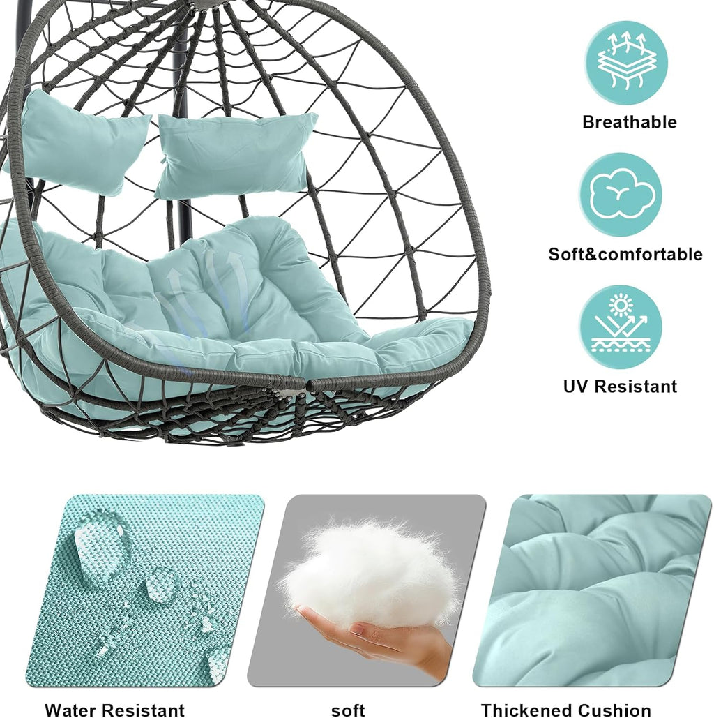 Double Egg Swing Chair with Stand, 2 Person Outdoor Indoor Hammock Hanging Chair with Cushion,Patio Wicker Hanging Egg Chair w/Cushion 700LBS Capacity for Bedroom, Balcony, Garden