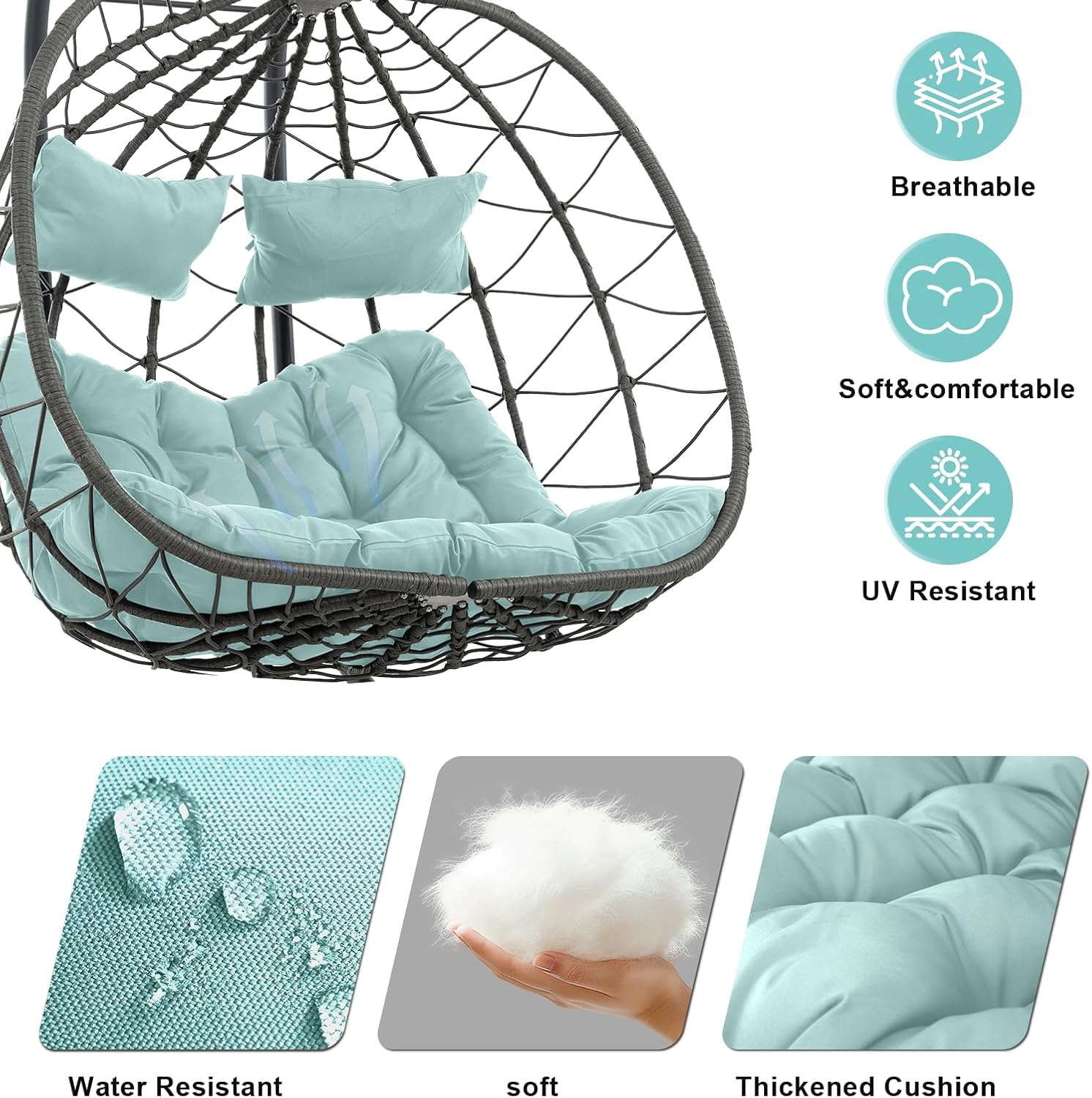 Double Egg Swing Chair with Stand, 2 Person Outdoor Indoor Hammock Hanging Chair with Cushion,Patio Wicker Hanging Egg Chair w/Cushion 700LBS Capacity for Bedroom, Balcony, Garden