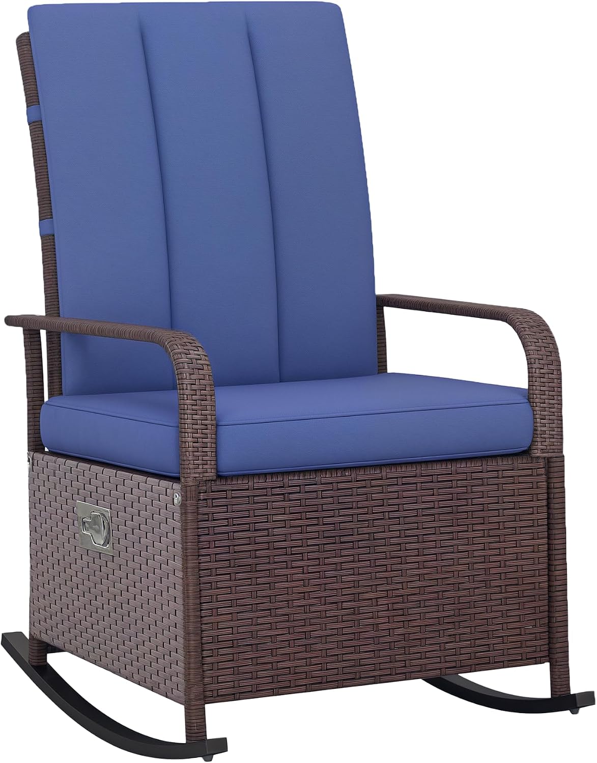 Outsunny Wicker Outdoor Rocking Chair, Patio Recliner with Adjustment Backrest, PE Rattan Lounge Chair with Adjustable Footrest and Cushions for Garden, Backyard, Porch, Blue