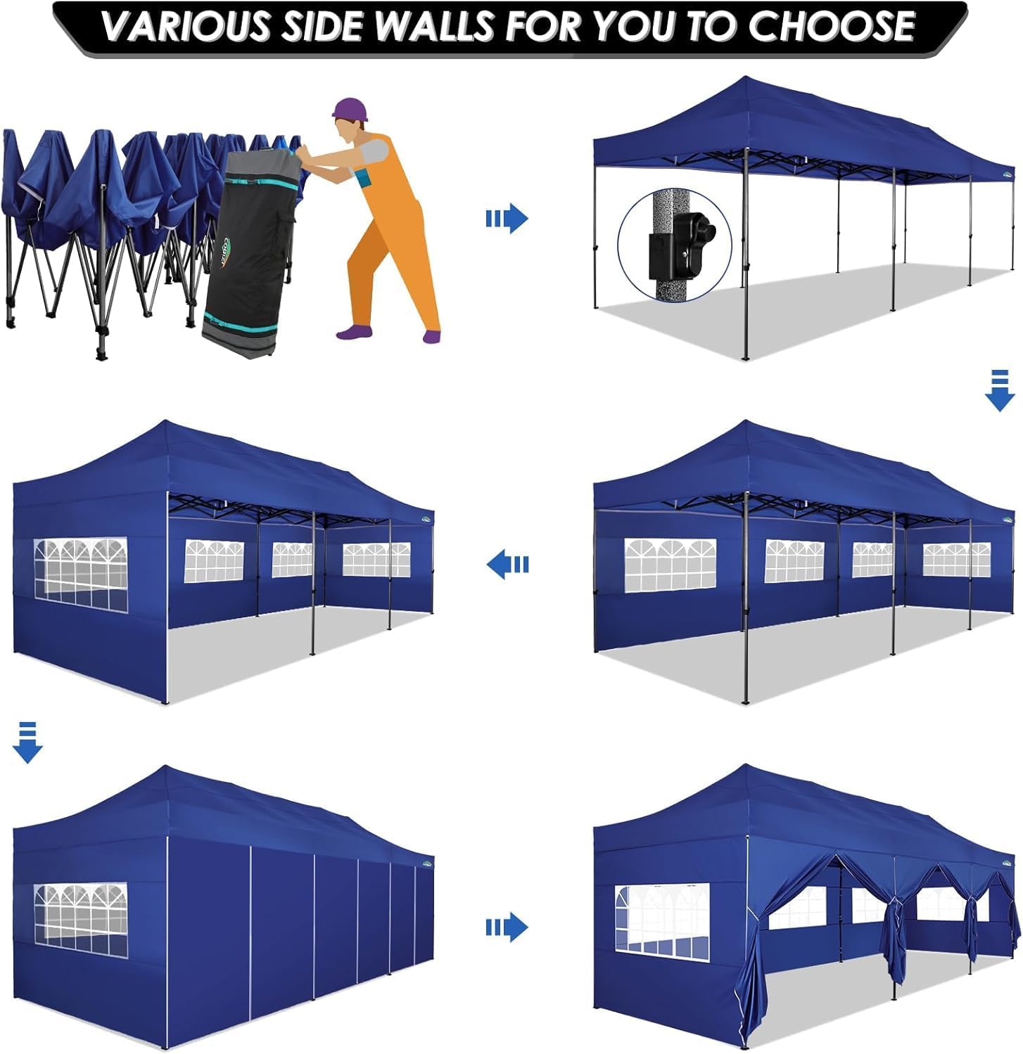 COBIZI 10x30 Pop up Canopy with 8 Removeable Sidewalls, Heavy Duty Party Tents for Parties, Events and Weddings, UPF 50+ Waterproof Commercial Tent with Roller Bag, Dark Blue (Windproof Upgraded)