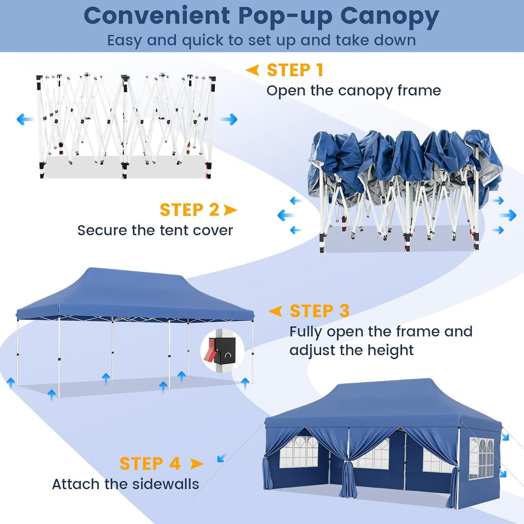 HAPPYGRILL 10x20FT Pop-up Canopy with Detachable Sidewalls, Instant Canopy Tent with Carrying Bag, UPF50+ Sun Protection, Easy Setup Gazebo for Outdoor Party Wedding, Blue