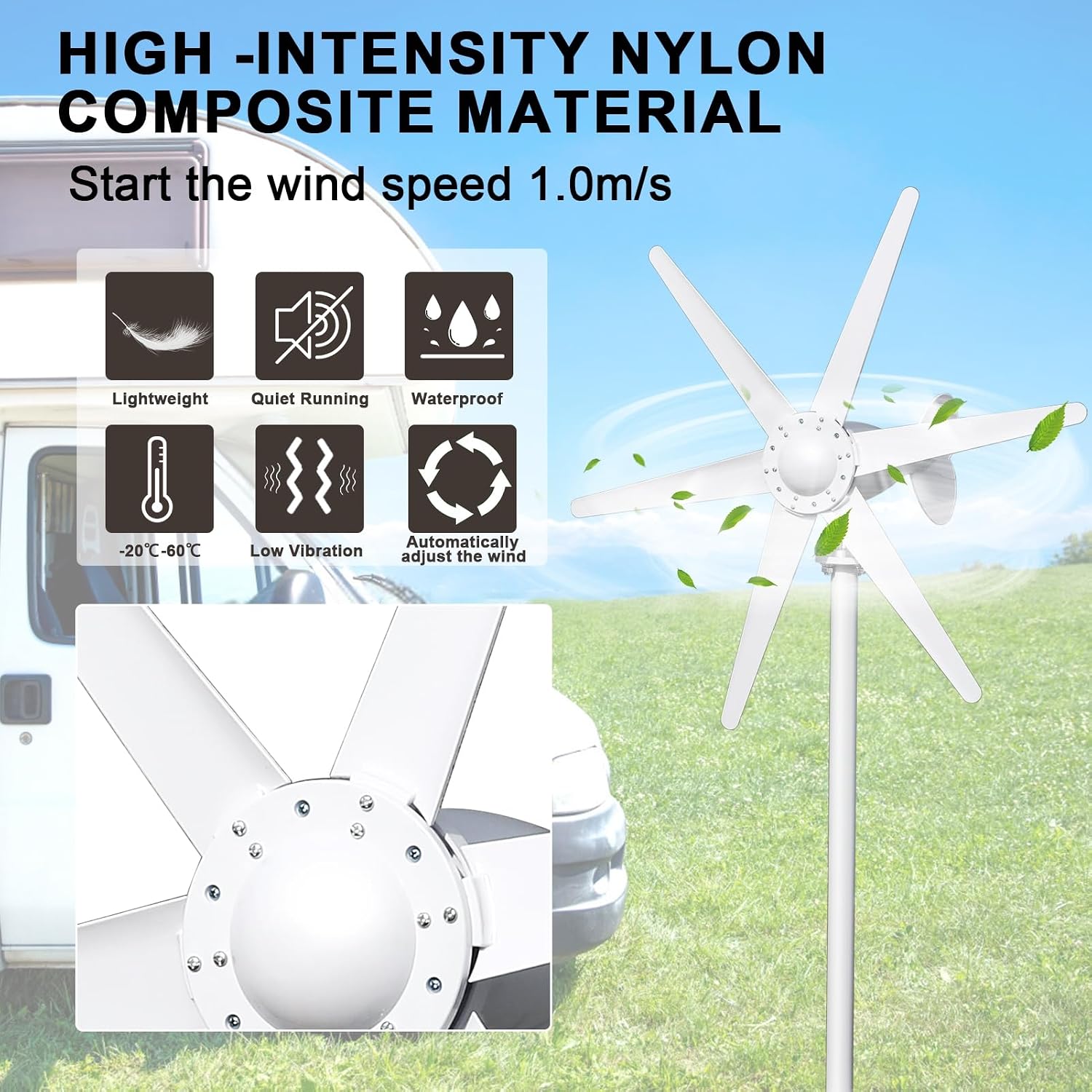hatleues Wind Generators for Home Use 800W 24V Windmill Generator Kit with 6-Blade Wind Turbines Generator Kit, Electromagnetic Electricity Producer Equipment,Suit for RV, Home White