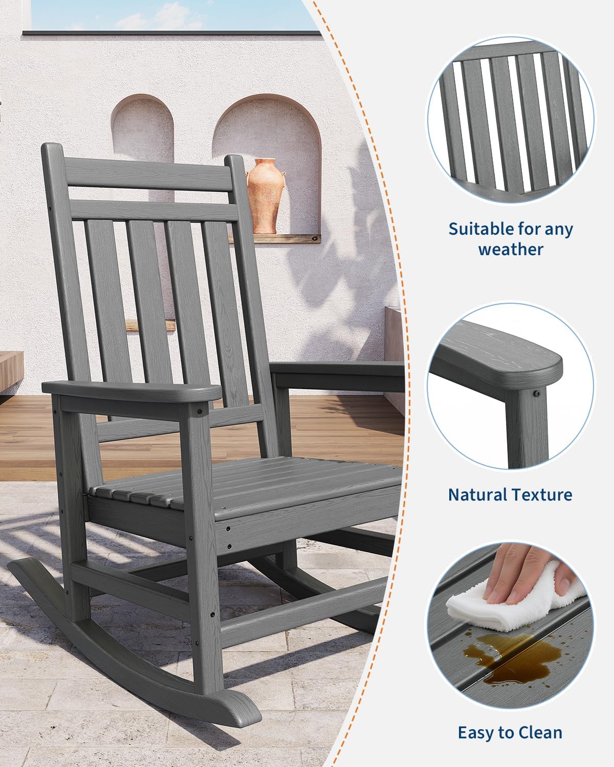 GarveeLife Poly Lumber Rocking Chair Outdoor - HDPE High Back Porch Rocker Chairs for Adults - All Weather Resistant Furniture for Patio - Grey
