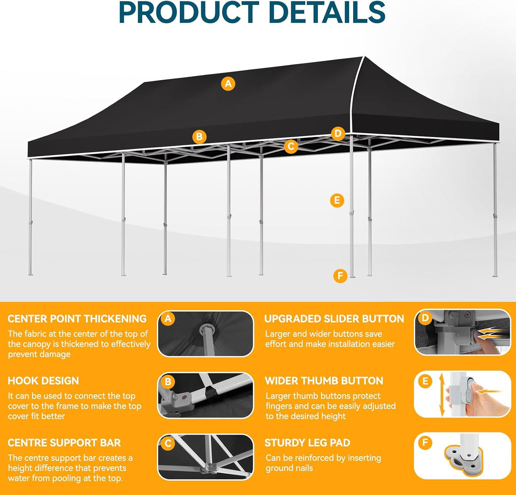 Hoteel 10x30 Pop Up Canopy Heavy Duty with 8 Sidewalls, Waterproof Outdoor Event Tents, Easy Set-up Instant Tent with Hand Bag, Rope & Nail, Hexagonal Leg (1-Year Warranty,Upgrade)