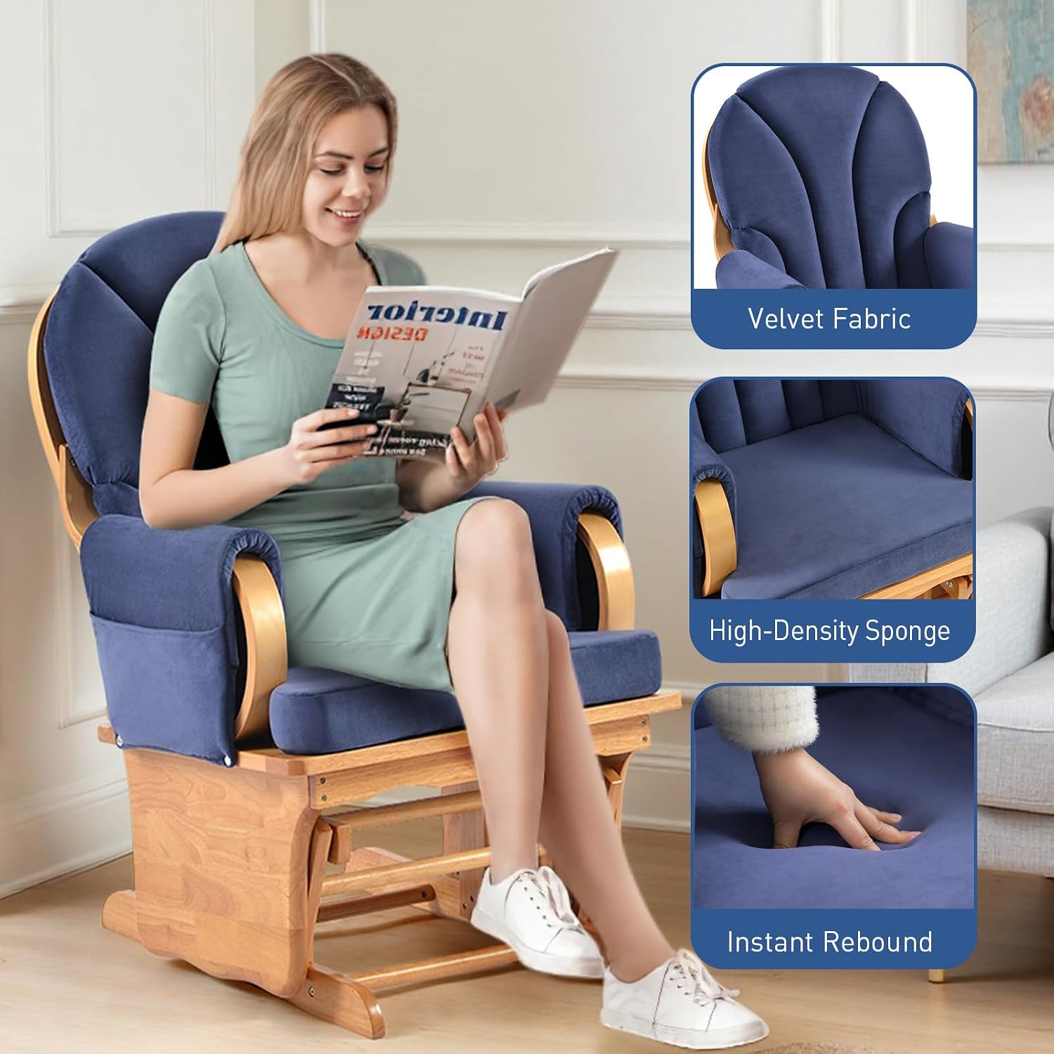 Wood Base Glider Rocker Chair, Baby Feeding and Rocking Chair Nursery Rocking Chairs with Silent Swing Solid Hardwood Base for Nursery, Living Room, Bedroom, Classroom(Beech Wood Blue)