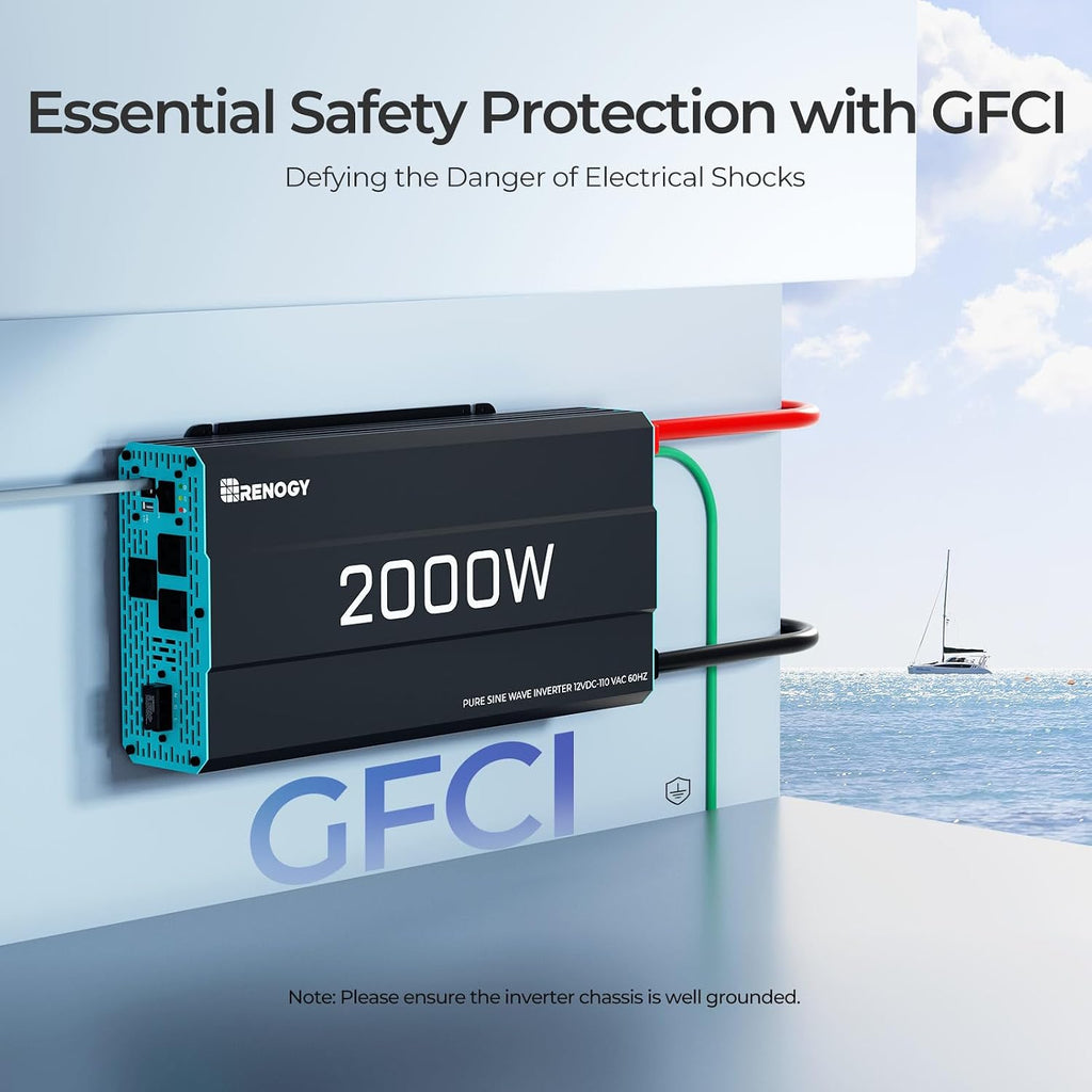 Renogy Inverter P2 2000W Pure Sine Wave Inverter 12V DC to 110V AC Converter, Off-Grid Solar Power Inverters for Vehicles, Truck, RV, Home, with Built-in 5V/2.1A USB / Hardwire Port, Remote Controller
