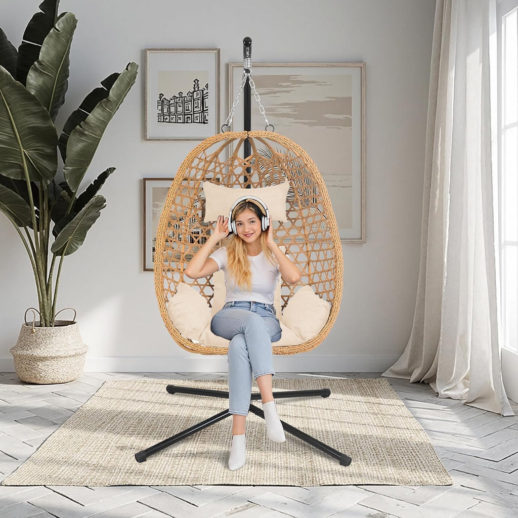 Hanging Egg Chair with Stand & Cushions - All-Weather Rattan Swing Chair for Patio, Balcony, Garden (Modern Boho Design, Ready-to-Use Indoor Outdoor)-Natural Wood