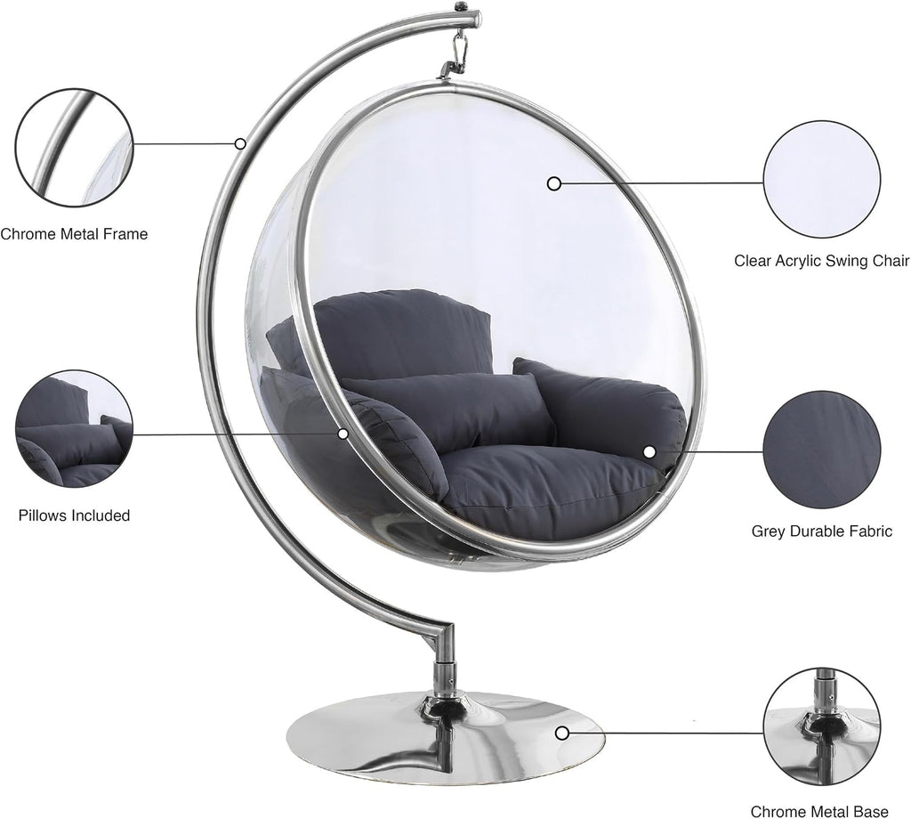 Meridian Furniture 507Grey Luna Collection Modern | Contemporary Clear Acrylic Accent Swing Chair with Durable Metal Base and Fabric Seat, Grey, Chrome Finish, 41.5' W x 29.5' D x 64' H