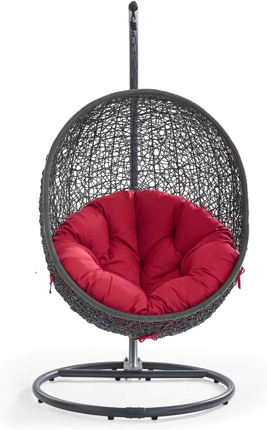 Modway Hide Wicker Rattan Outdoor Patio Porch Lounge Egg Swing Chair Set with Stand in Gray Red