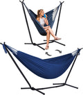 SUNCREAT 2-in-1 Convertible Backyard Fabric Hammock with Stand, Large Hammocks for Outside, Dark Blue