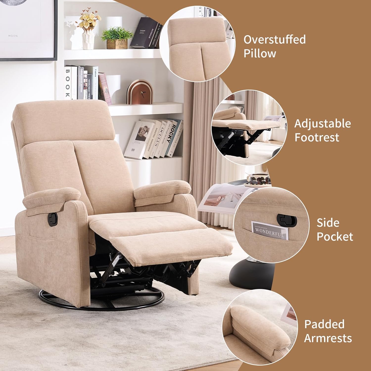 Recliner Chairs, 360° Swivel Rocker Recliner Chair for Adults, Glider Rocking Chair, Small Nursery Recliner for Living Room,RV, Reclining with Modern-Designed Armrests, Fabric Beige