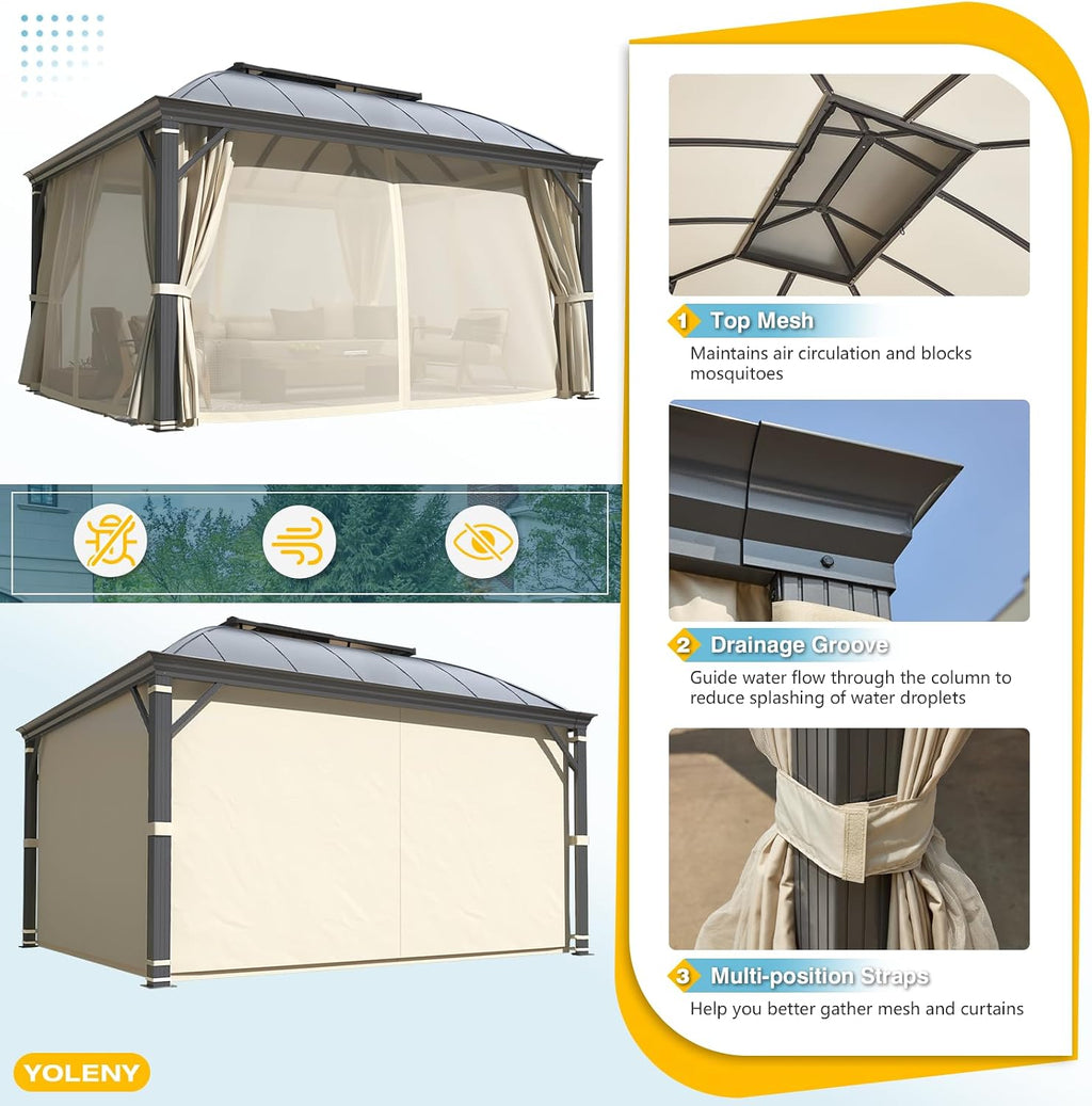 YOLENY 12'x14' Hardtop Gazebo, Permanent Outdoor Aluminum Patio Gazebo with Aluminum Composite Double Arc Roof for Patio Lawn and Garden, Curtains and Netting Included