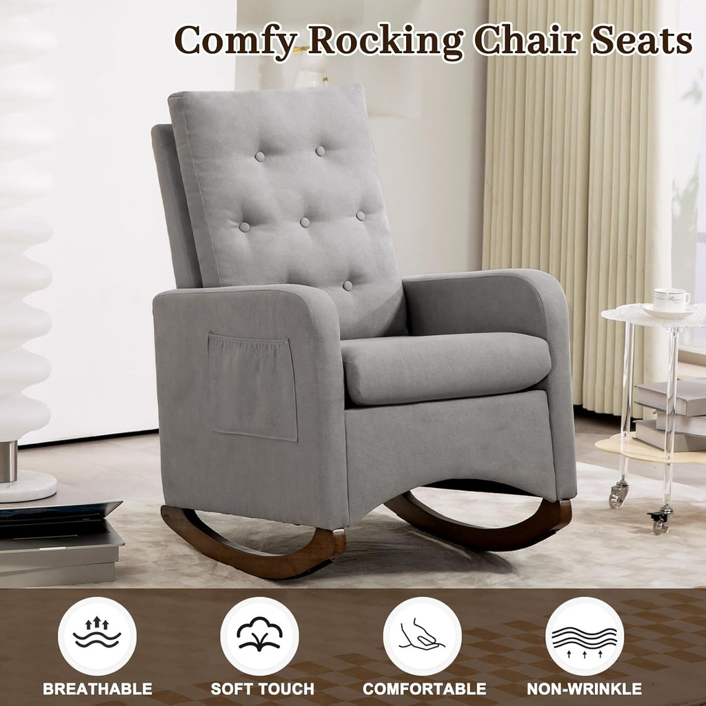 GarveeHome Upholstered Rocking Chair Accent Chair, Nursery Rocking Chairs in Teddy Fabric with High Backrest, Side Pocket and Rubber Wood Legs, Comfy Nursing Chair for Living Room, Gray (Gray)