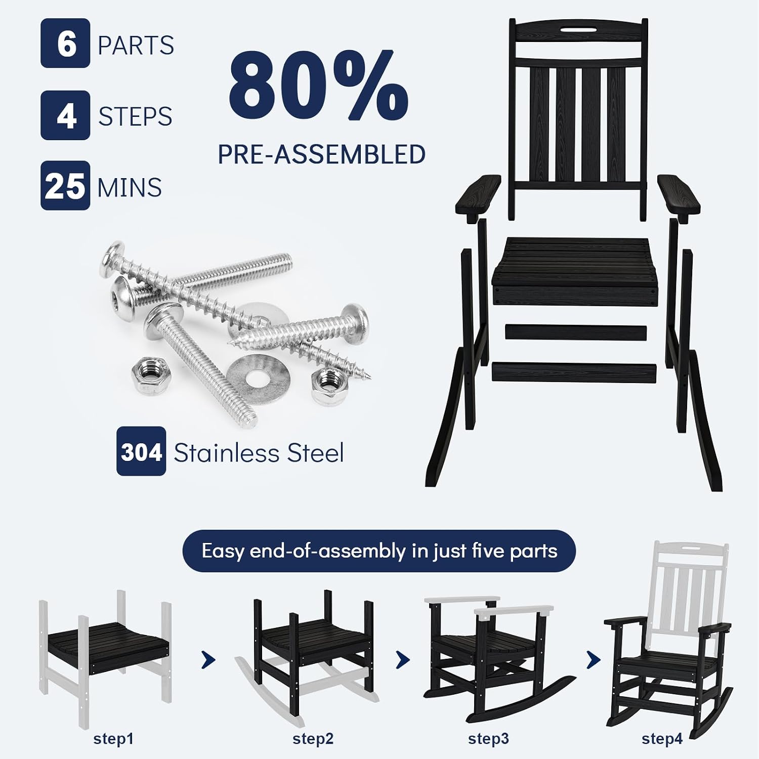Plawdlik Oversized Rocking Chair Set of 2,HDPE All-Weather Outdoor Rocking Chair,Patio Rocking Chairs for Porch.Black