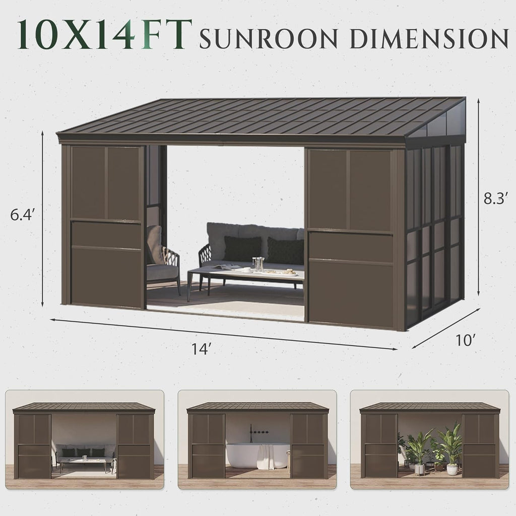 YOLENY 10x14FT Wall Mounted Sunroom, Gazebo Solarium with Front Door, Both Side Entrance, Galvanized Steel Sloping Roof, Removable PC Screen, Outdoor Permanent Sun Room Lean to Gazebo for Deck Patio