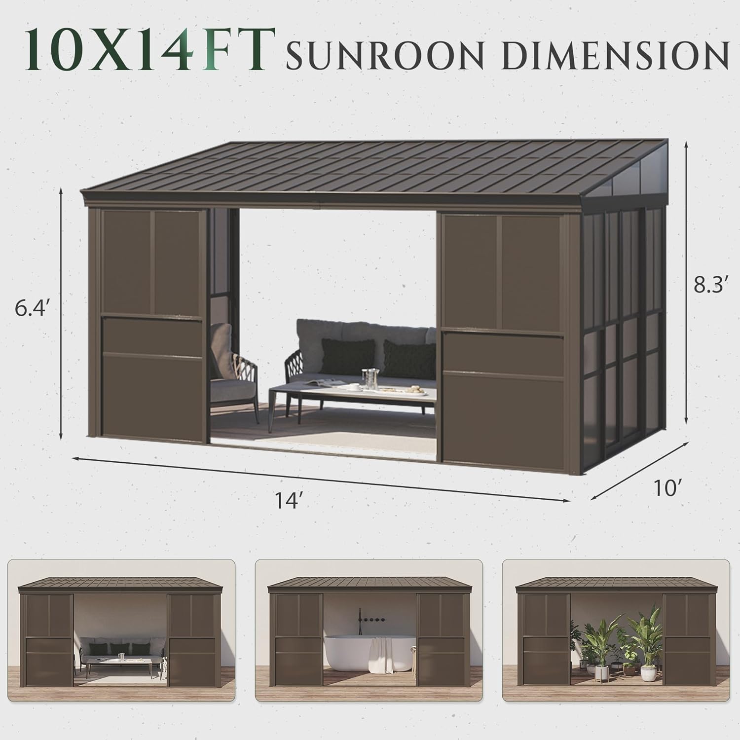 YOLENY 10x14FT Wall Mounted Sunroom, Gazebo Solarium with Front Door, Both Side Entrance, Galvanized Steel Sloping Roof, Removable PC Screen, Outdoor Permanent Sun Room Lean to Gazebo for Deck Patio