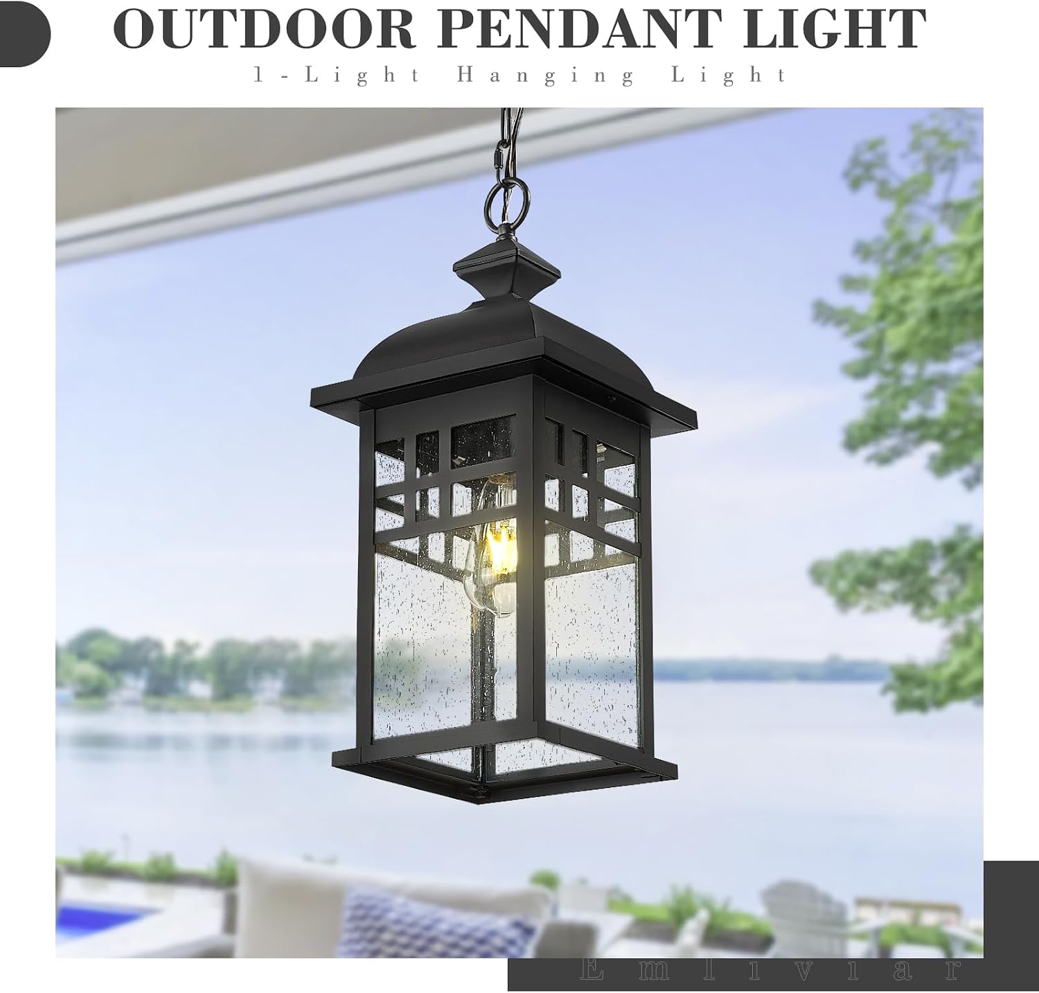 Emliviar 20' Farmhouse Outdoor Pendant Light, Large Outdoor Hanging Light for Porch Gazebo, Black Finish Aluminum with Seeded Glass Shade, DE279H-M BK
