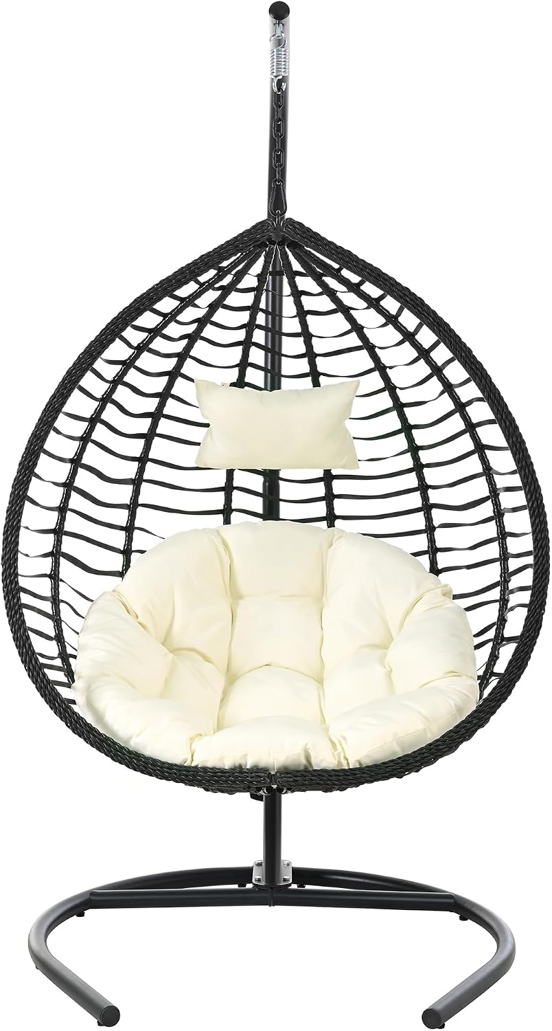 Qwork Hanging Egg Chair with Stand, Modern Foldable Wicker Swing Chair, Deep Seat Hammock with Creamy Beige Cushion, 330lbs Heavy Duty for Living Room, Bedroom, Patio (Black Frame + Beige Cushion)