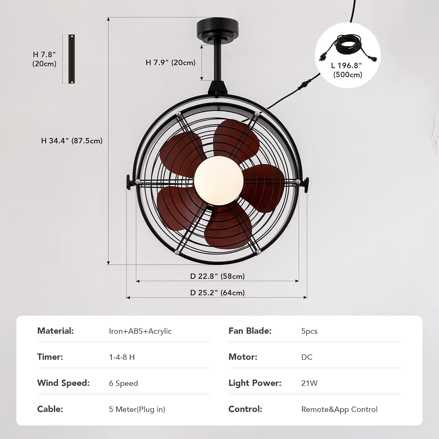 25 Inch Outdoor Ceiling Fan with Lights and Remote, Waterproof Gazebo Hanging Fan with 3CCT Dimmable, Black Plug in Caged Ceiling Fan for Patios Porch Pergola,Canopy