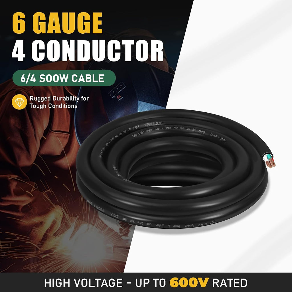 6ft 6/4 6 AWG Portable SOOW Cable (4 Conductor) - SOOW 600V 6 Gauge Electric Wire for Motor Lead, Welder, Generator, Portable Lights, RV/EV Car Chargers and Machinery - 6 Feet Electrical So Cord