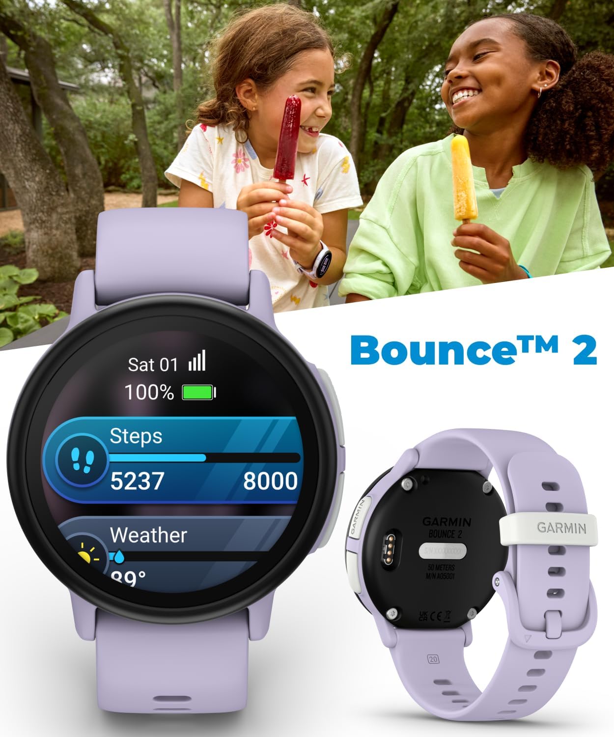 Garmin Bounce 2 Kids Smartwatch with LTE – Two-Way Calling, Text Messaging, Real-Time GPS Tracking, Swim-Friendly AMOLED Display, Music, Light Purple w/Wearable4U White Earbuds Bundle