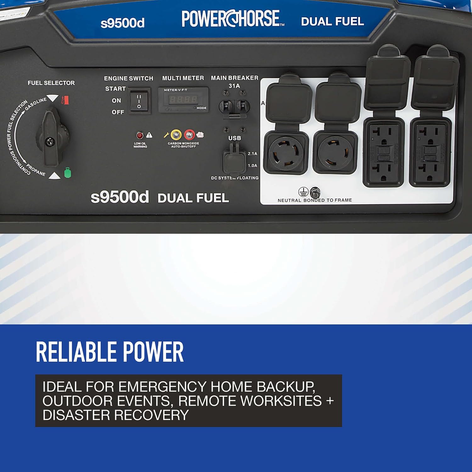 Powerhorse Portable Generator, 9500 Surge Watts, 7500 Rated Watts, 120/240V, Dual Fuel, Electric Start, CO Shutdown