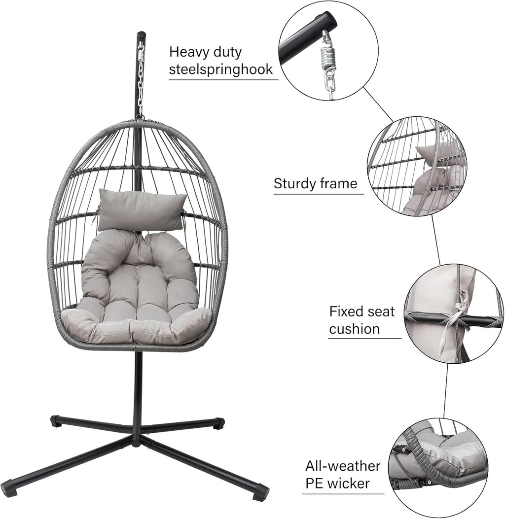 Hanging Egg Chair with Stand, Patio Wicker Hammock Egg Swing Chair with Cushion for Bedroom Garden Indoor Outdoor