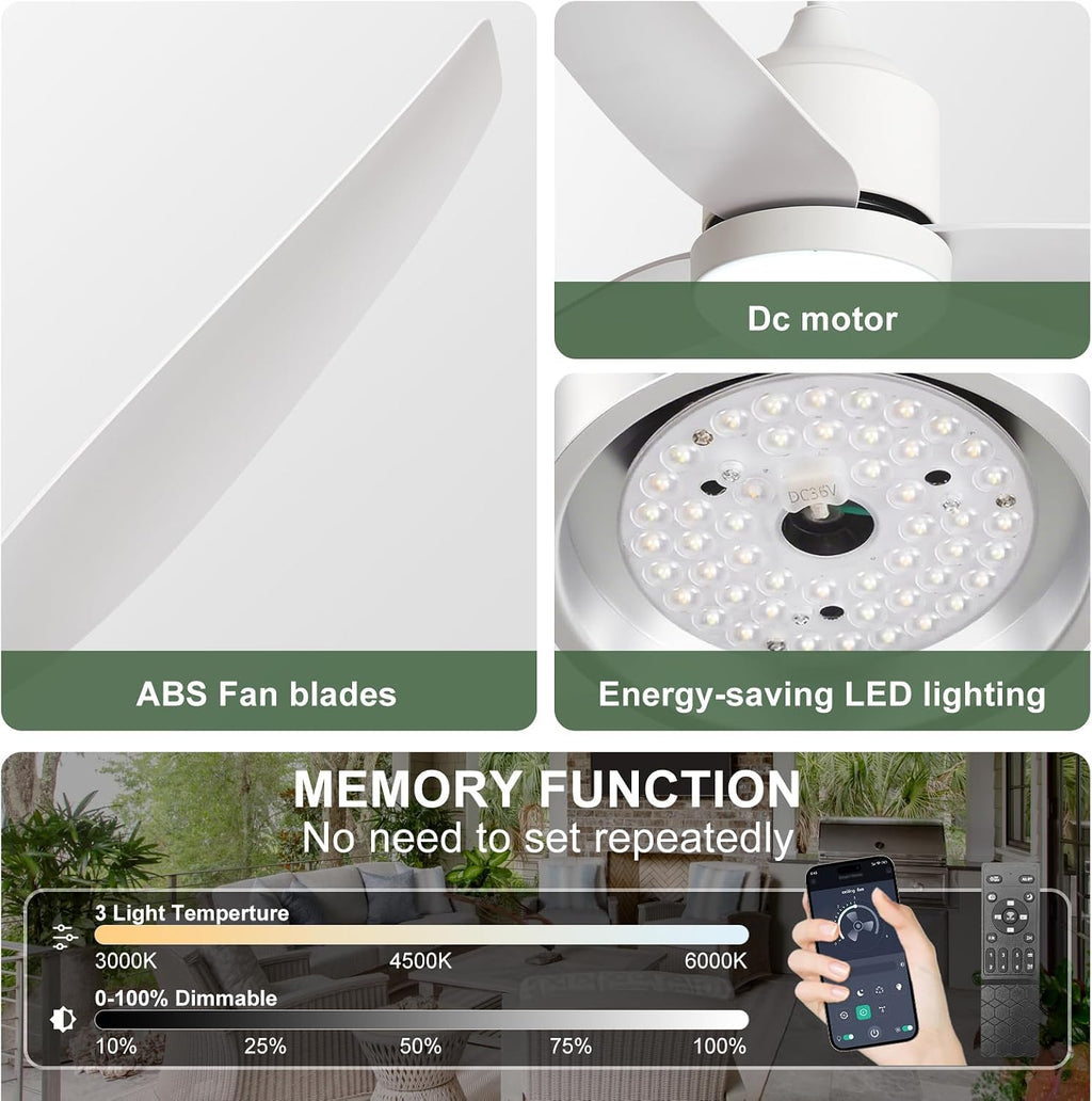Outdoor Ceiling Fan with Light: 52' White Hanging Fan for Gazebo Waterproof - Plug In Outdoor Fans for Patio Porch Pergola with APP Remote Control Reversible DC Motor