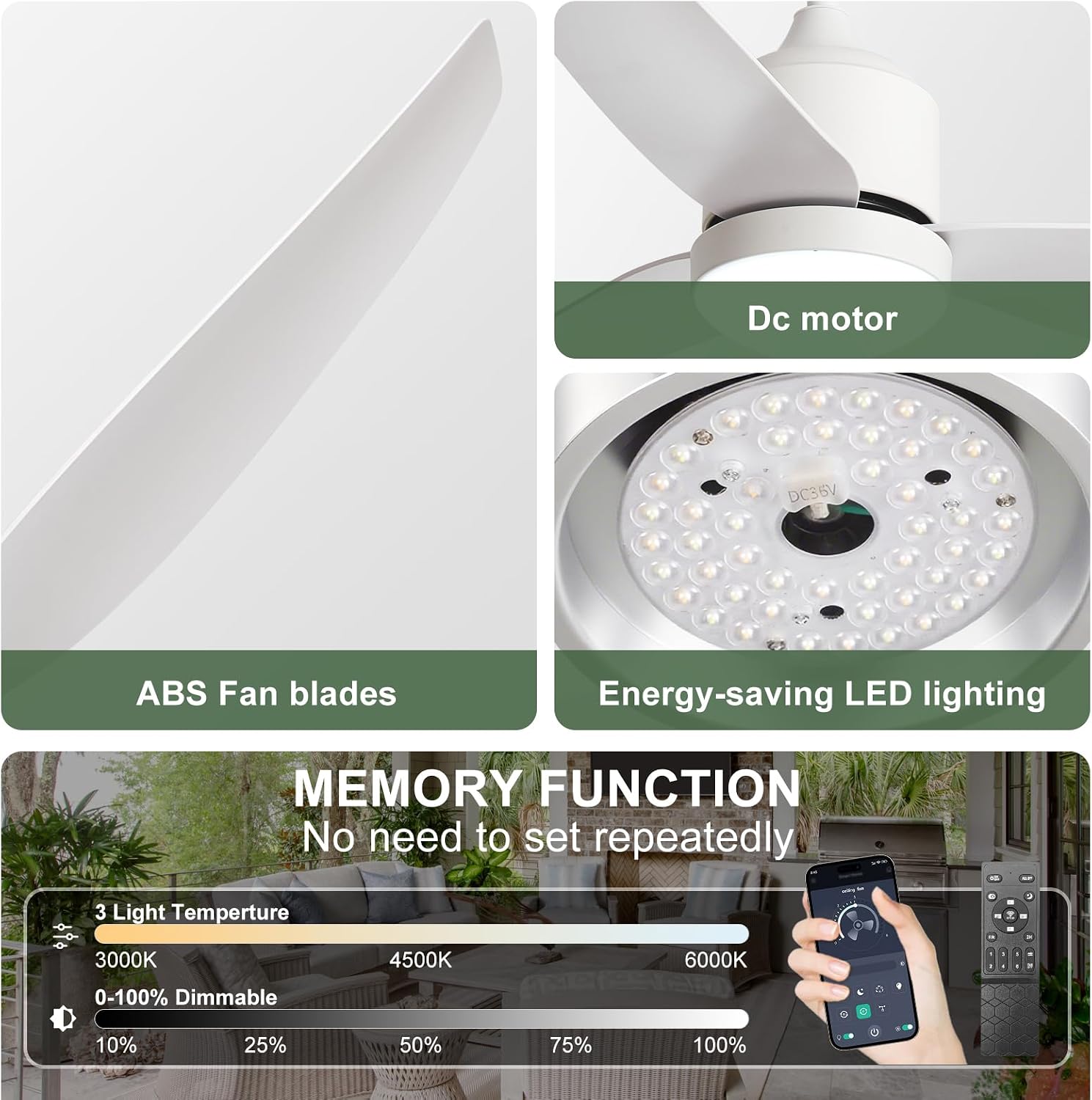 Outdoor Ceiling Fan with Light: 52' White Hanging Fan for Gazebo Waterproof - Plug In Outdoor Fans for Patio Porch Pergola with APP Remote Control Reversible DC Motor