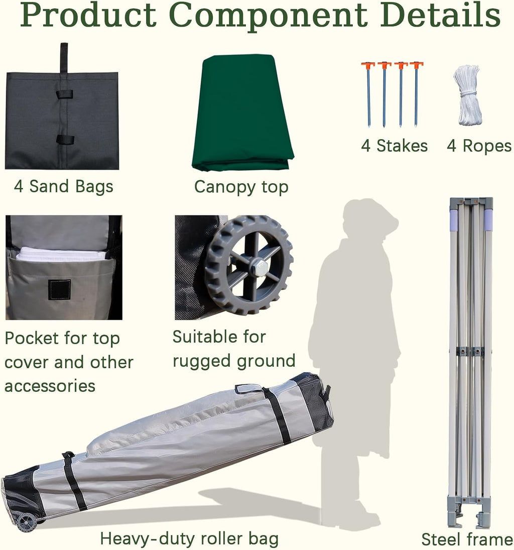 Easy 10x10 Pop Up Canopy Tent with Peak Tensioner, Heavy Duty for Commercial Use, Industry-Leading 3000mm Waterproof, 500D Silver Coated Top, Wheeled Bag, 4 Sandbags, Stakes & Ropes, Forest Green