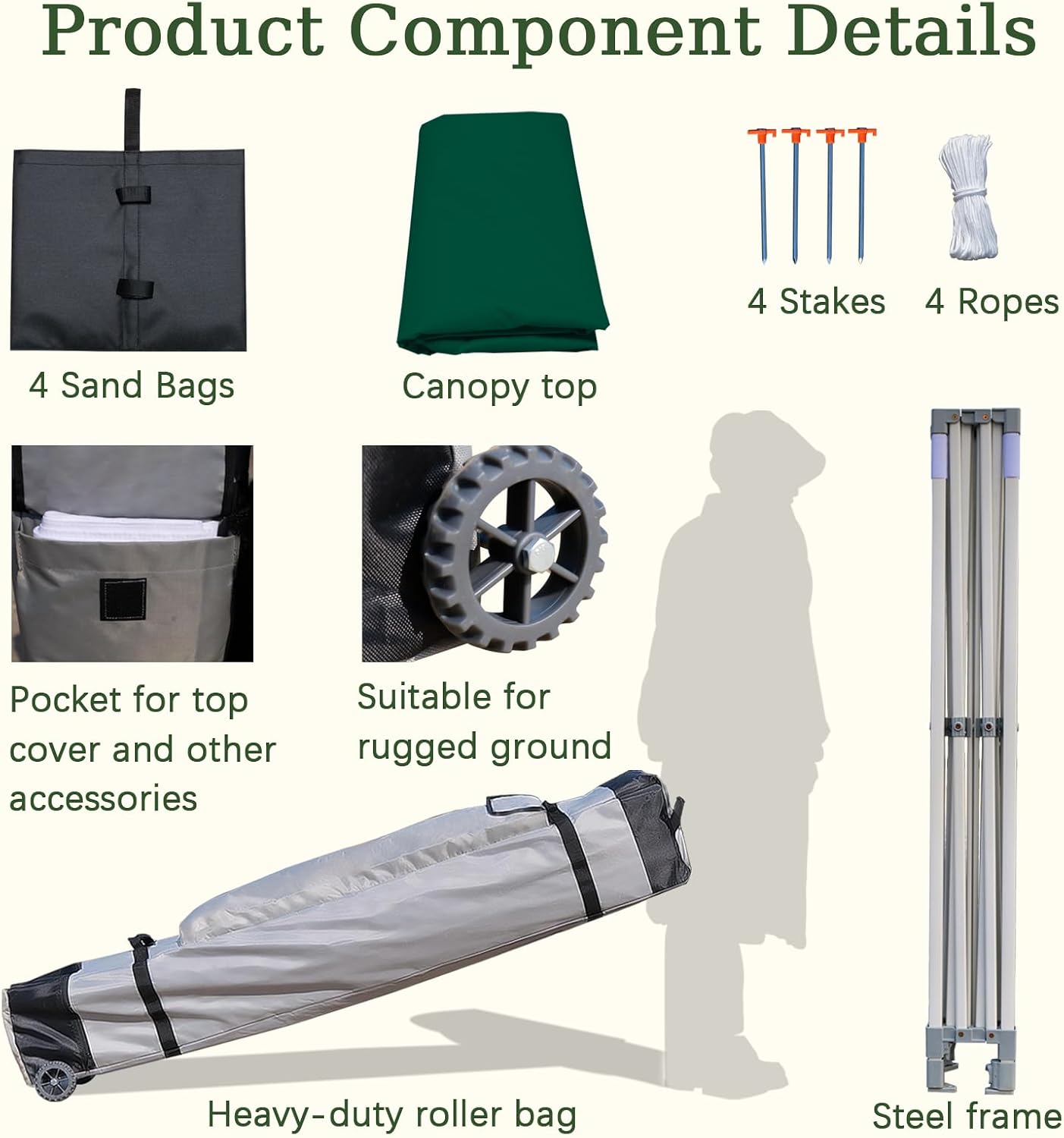 Easy 10x10 Pop Up Canopy Tent with Peak Tensioner, Heavy Duty for Commercial Use, Industry-Leading 3000mm Waterproof, 500D Silver Coated Top, Wheeled Bag, 4 Sandbags, Stakes & Ropes, Forest Green